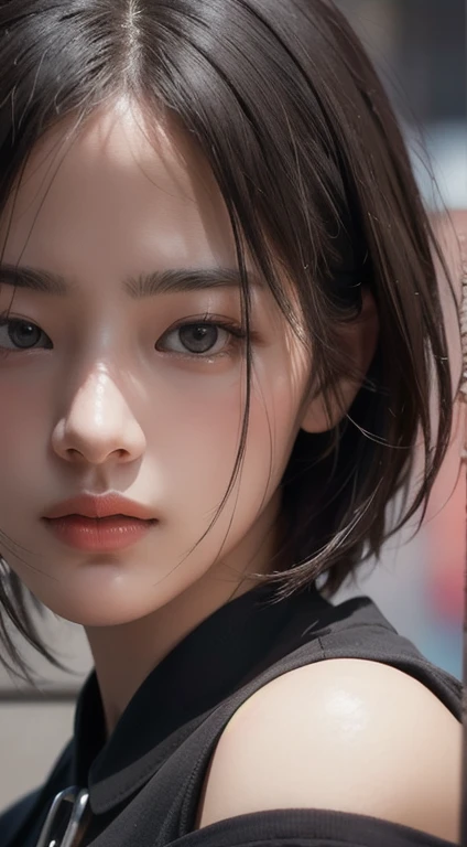 realistic, table top, highest quality, RAW photo, 1 girl, alone, handsome short hair, detailed face, fascinating face, black shirt with collar, medium breasts, dynamic pose, looking at the viewer, from below, detailed background, Detailed, intricate details, ray tracing, Depth of the bounds written, low key, nffsw