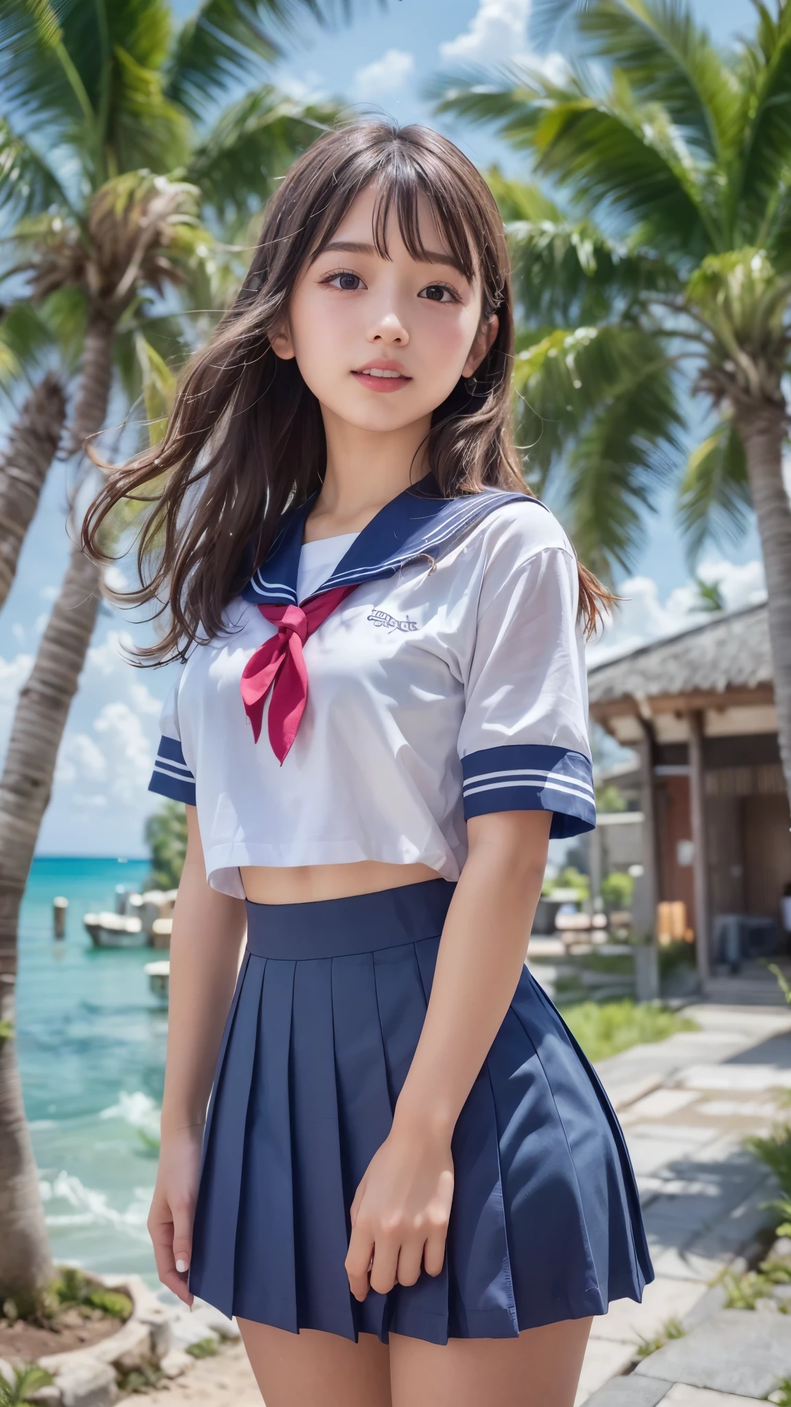 (best quality, 8k, 32k, masterpiece, UHD:1.2), (RAW photo), (realistic), (photorealistic:1.2), (high resolution), huge filesize, ultra-detailed, extremely beautiful face & eyes, 1girl, japanese elementary school student,, 13yoyo, rosmall face, baby face, thin waist, beautiful belly skin, large breasts, slim proportions, perfect thin thighs, small butt, (darkblue pleated mini skirt, japanese sailor, sailor fuku, serafuku, japanese school sailor suit, sailor red neckerchief), nice hands, perfect hands, accurate hand depiction, sweaty, shy smile, pure white teeth, from below, (blue sky, summer, sun, beach, palm tree, outdoors),