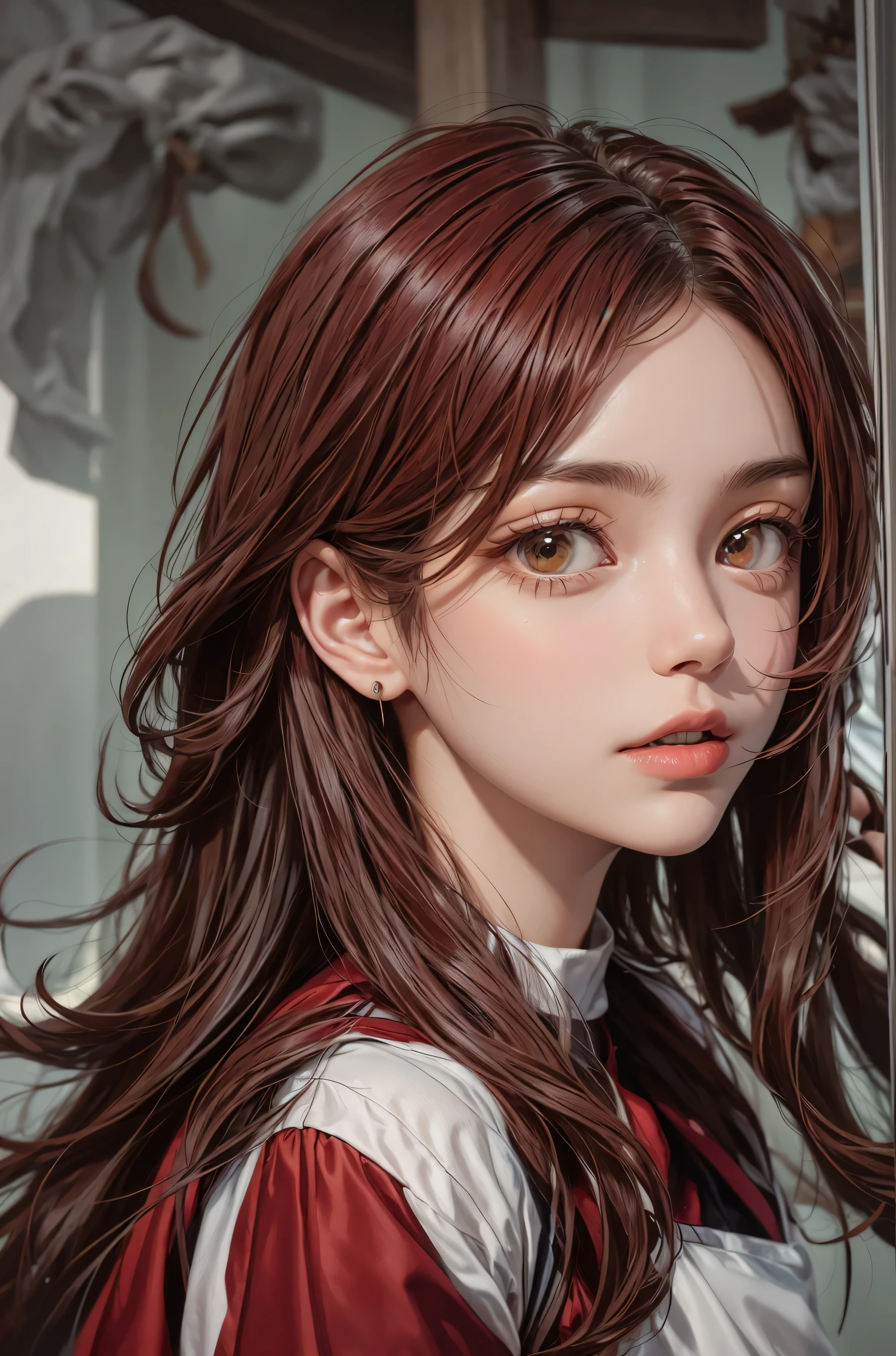 Portrait of a young woman, 22 years old, brunette, disheveled red hair