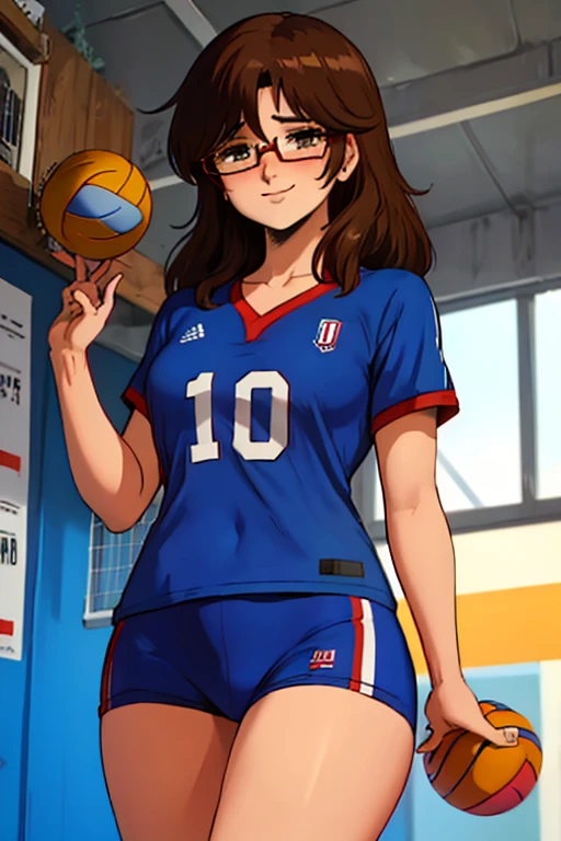 (Anime one, estilo de arte retro, Pinceladas limpias, Muy detallado, perfect anatomy), (cancha de voleibol, Fondo cuadrado), 1 chica (alone:1.5), eyebrows visible through hair, Cabello rojo, red hair, ojos bajos (sanpakugan:1.4), ojos medio abiertos (ojos detallados y hermosos:1.2), (shy smile), session, ropa deportiva, Camisa de voleibol, con gafas rojas