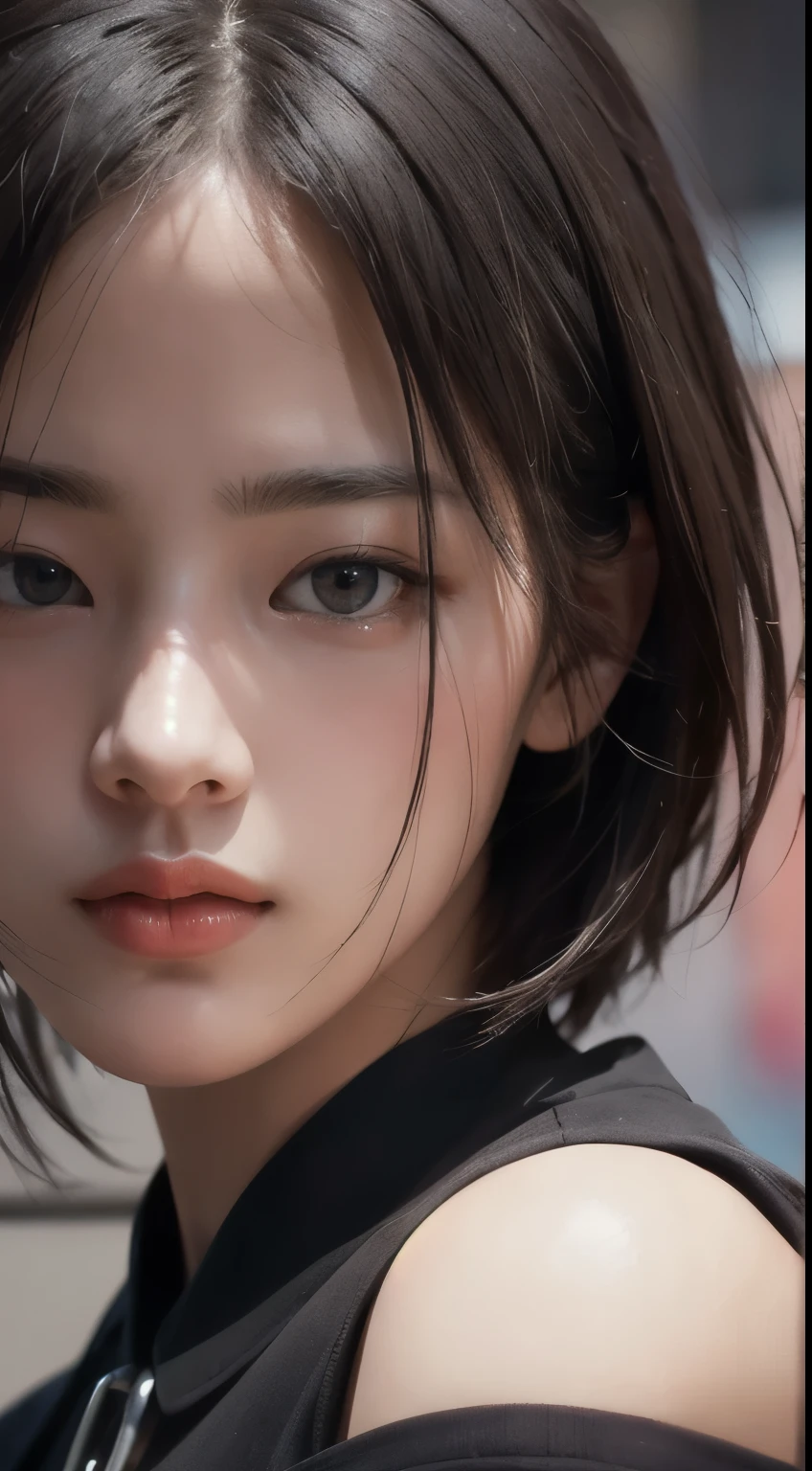 realistic, table top, highest quality, RAW photo, 1 girl, alone, handsome short hair, detailed face, fascinating face, black shirt with collar, medium breasts, dynamic pose, looking at the viewer, from below, detailed background, Detailed, intricate details, ray tracing, Depth of the bounds written, low key, nffsw