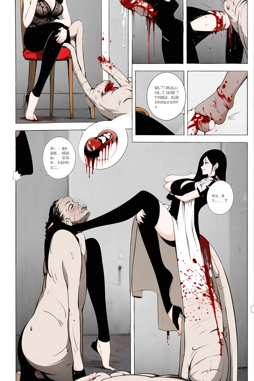 comic storyboard,realistic,3d,Unreal Engine 5,skin texture,anatomically correct,1beautiful girl, long hair,smile,barefoot,lace top,sexy, shiny leggings, thin gap,camel toe,high heels,cleavage,crossed legs,large breasts,leg tattoo,long hair,smile,toenails,) standing,trample,cuts,defloration,indoor,couple,femdom,hetero,saliva , mucus,femdom,blood on clothes,blood on hands,blood splatter,open mouth,kneeling man,sit,trembling man,dead man,sit,bruise man,lying man,man cum,bleeding man,(masterpiece, best quality:1.2)
