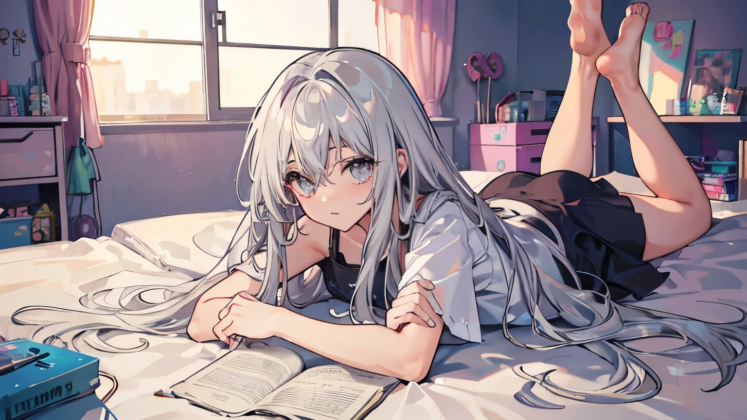 pretty girl, silver hair, long hair, messy hair, shiny hair, messy room, Lazing around in the room