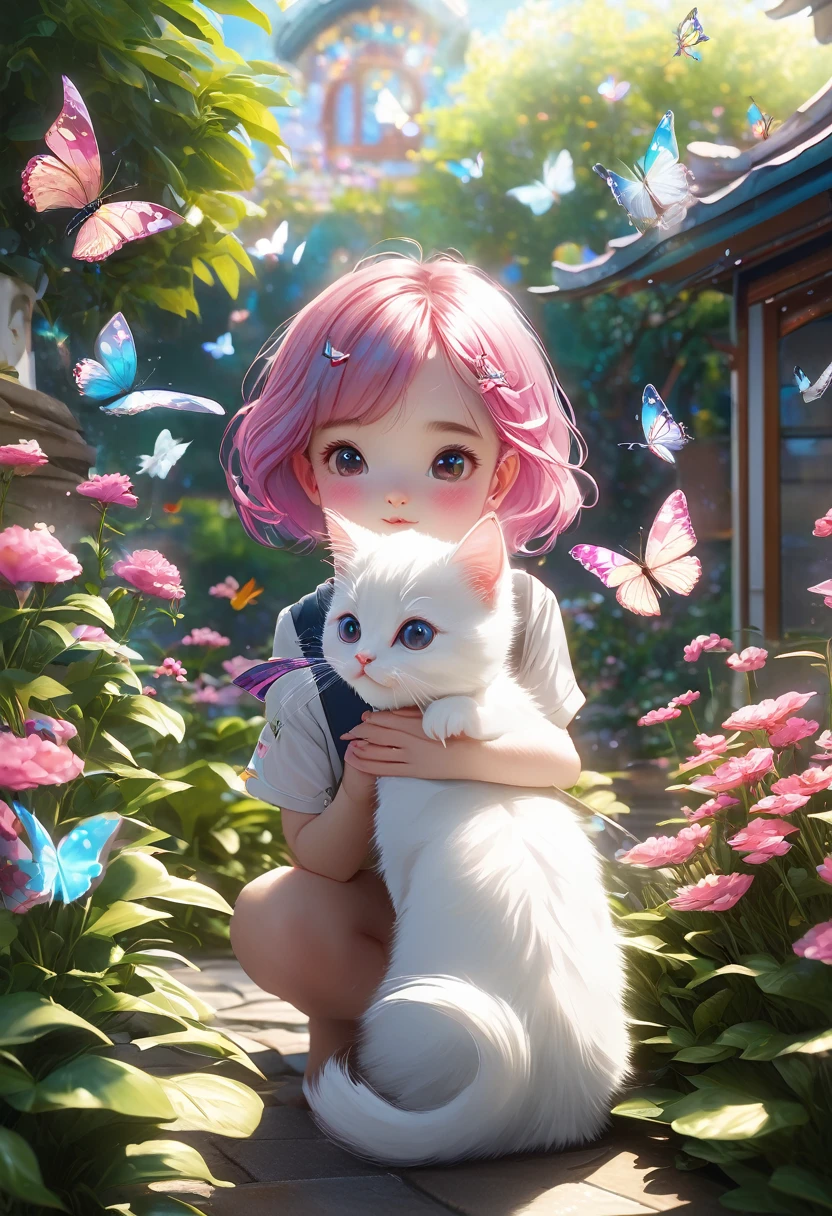 8K、Raw photo、highest quality、look up:1.2、masterpiece:1.2、genuineistic、ultra high resolution、high contrast、photon mapping、genuine、Super detailed、official art, Raw photo、professional lighting、 light、Vivid atmosphere、twicelight) , (1 girl), (full body figure), (Portrait of a Girl), (Young look),(Moist eyes), (beautiful face:1.3), (perfect proportions:1,2), (thin legs), (thin thighs), (long legs:1.2), (delicate), (height: 150cm), () , (Fair skin、white skin: 1.5), (lightブラウンのポニーテール), (Pink Hair Fastening), (One white kitten), In the distance we see a and her white kitten playing in a beautiful garden.。 The girl is looking at the white kitten with amusement。The white kitten is having fun trying to catch a butterfly。 The garden is decorated with lush greenery and colorful flowers.。The garden is bathed in spring sunlight, giving it a warm glow.。A bright number of people surround a white kitten々Butterflies are flying。The flying butterflies create a lively atmosphere.。 The white kitten is expressive、The detailed fur and unique folded ears add to its charm.。The gardens are beautifully maintained、Neatly trimmed bushes and々Various plants are arranged。The stream's crystal clear water reflects the serene environment.、Colorful English-style house in the distance々adds a bit of whimsy to the scene.。 The scene has an atmosphere of tranquility and contemplation.、Expressing the world of high fantasy。Guardian nebula of rainbow light and silvery vapor、The colors of the Corrosive Encirclement Ray family fill the sky、There is a slimy feeling in the air.。A beautiful piece of artwork that exudes a mysterious aura.。