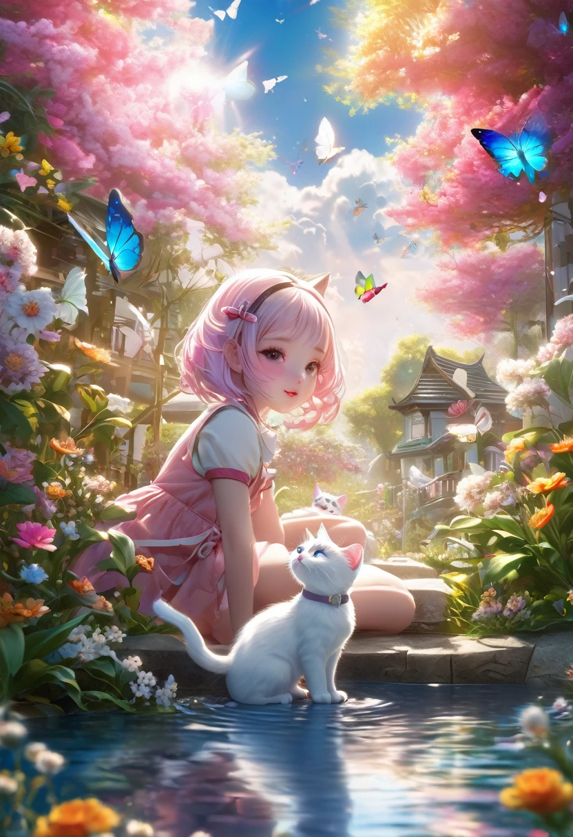 8K、Raw photo、highest quality、look up:1.2、masterpiece:1.2、genuineistic、ultra high resolution、high contrast、photon mapping、genuine、Super detailed、official art, Raw photo、professional lighting、 light、Vivid atmosphere、twicelight) , (1 girl), (full body figure), (Portrait of a Girl), (Young look),（Moist eyes), (beautiful face:1.3), (perfect proportions:1,2), (thin legs), (thin thighs), (long legs:1.2), (delicate), (height: 150cm), (15 years old) , (Fair skin、white skin: 1.5), (lightブラウンのポニーテール), (Pink Hair Fastening), （One white kitten）, In the distance we see a  and her white kitten playing in a beautiful garden.。 The girl is looking at the white kitten with amusement。The white kitten is having fun trying to catch a butterfly。 The garden is decorated with lush greenery and colorful flowers.。The garden is bathed in spring sunlight, giving it a warm glow.。A bright number of people surround a white kitten々Butterflies are flying。The flying butterflies create a lively atmosphere.。 The white kitten is expressive、The detailed fur and unique folded ears add to its charm.。The gardens are beautifully maintained、Neatly trimmed bushes and々Various plants are arranged。The stream&#39;s crystal clear water reflects the serene environment.、Colorful English-style house in the distance々adds a bit of whimsy to the scene.。 The scene has an atmosphere of tranquility and contemplation.、Expressing the world of high fantasy。Guardian nebula of rainbow light and silvery vapor、The colors of the Corrosive Encirclement Ray family fill the sky、There is a slimy feeling in the air.。A beautiful piece of artwork that exudes a mysterious aura.。