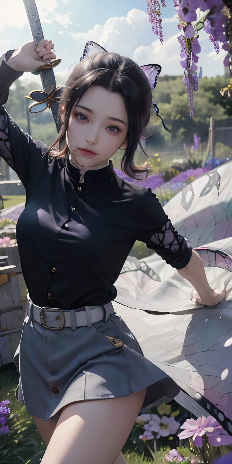 Ultra-realistic 8k CG, masterpiece,(mini skirtBare legs and white panties:1.4) close, (weapon in hand: 1.2), (attack: 1.2), beauty, goddess, (Bare legs and white panties:1.3),from the front, face sticking out, (super detailed background, delicate pattern, intricate details)), high quality, highly detailed face, (超mini skirtから見える白いパンティ生脚:1.4)、highly detailed eyes and face, highly detailed eyes, kocho shinobi, colorful hair, No bangs, hair intake, purple eyes, amount, black shirt, black pants (Haori, butterfly, button, belt, (garden: 1.2), purple flowers, Chibi, cloudy null, sunlight, Tyndall effect, exy、Slope_null, face, gorgeous null, Sword at the waist,Ultra-realistic 8k CG, masterpiece,(mini skirt:1.4) close, (weapon in hand: 1.2), (attack: 1.2), beauty, goddess, from the front, face sticking out, (super detailed background, delicate pattern, intricate details)), high quality, highly detailed face, highly detailed eyes and face, highly detailed eyes, kocho shinobi, colorful hair, No bangs, hair intake, purple eyes, amount, black shirt, black pants (Haori, butterfly, button, belt, (garden: 1.2), purple flowers, Chibi, cloudy null, sunlight, Tyndall effect, Slope_null, face, gorgeous null, Sword at the waist,
