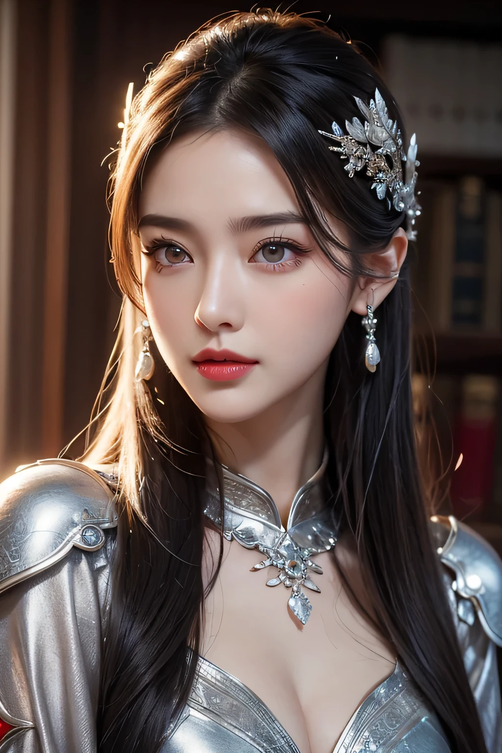 High-quality work,Realistic works,Super premium graphics,8K HD CG works,high quality graphics,High-definition and exquisite CG works,10x pixels,Ultra-fine details:1.1,Advanced technical details:1.1Realistic photo effects,Interior lighting effects:1.5,natural soft light:1.5. Light effect(Virtual light effects:1.8),ultra high resolution,shining dress,sliver long hair,silber hair,transparenthair,high detailed hair(Quality hair details:1.1)Clear eyes,Double eyelids look good,Sharp eye makeup, Create exquisite eyelash makeup, tthin eyebrows, Ultra-detailed eyes,a tall nose, lovely red lips, rosey cheeks, With delicate makeup on her face , pretty face, The face shape is perfectly proportioned,(Advanced facial details:1.1)、(((Western model))),Vermilion Hufu lining,,Crimson cape,Silver metal breastplate,silver helmet,battlefield background,majestic,Smile(open mouth)(The corners of the mouth are raised),Leather tunic,Knee armor,Eight clones,silver metal headband,Hair bun raised high。wild wilderness background,Women's artwork,Dress full body video,Realism,Amazing Cleavage,My eyes are very bright today、(((Big Breasts)))、((Cleavage))、looking at the camera、delicate crown、(((Warrior)))、(((中世のWarrior)))、(((Princess holding a sword)))、Royal clothing、