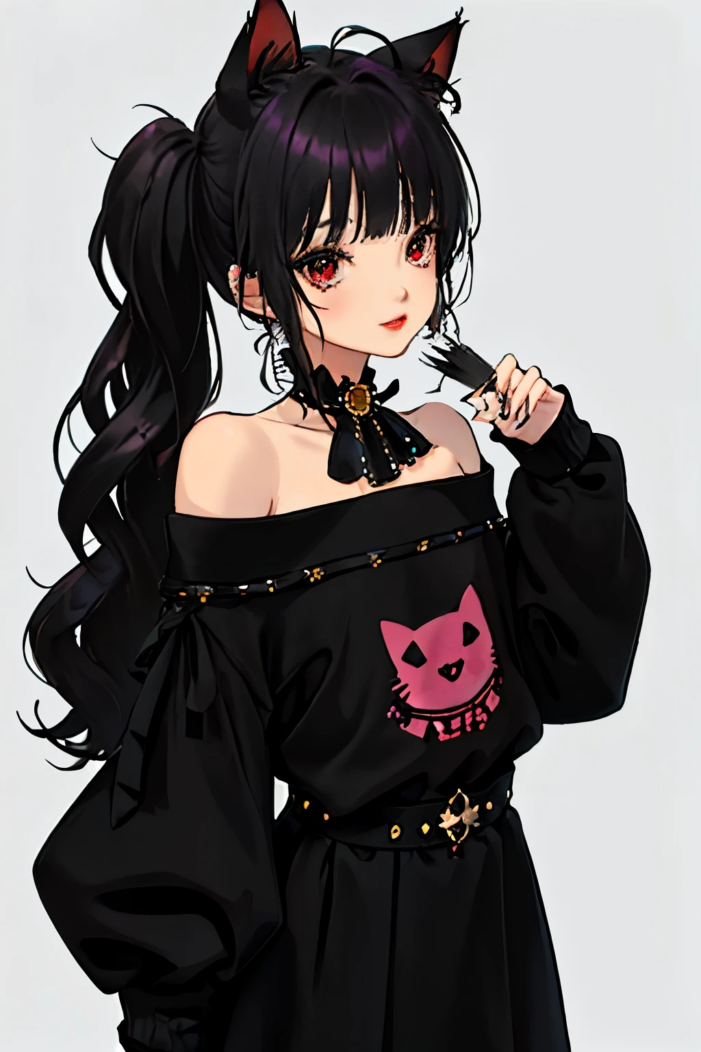 chica kpop con cara sonriente de rizz, impresionante, negro, tatuajes en manos y cuello, drilling, negro mixed green striped sweater, pose genial y ruda, fondo de humo, colorful fondo de humo,((long hair slightly wavy slightly past the shoulders, black bangs, small black pigtails on the sides, cute cat ears, beautiful thin red eyes,)),