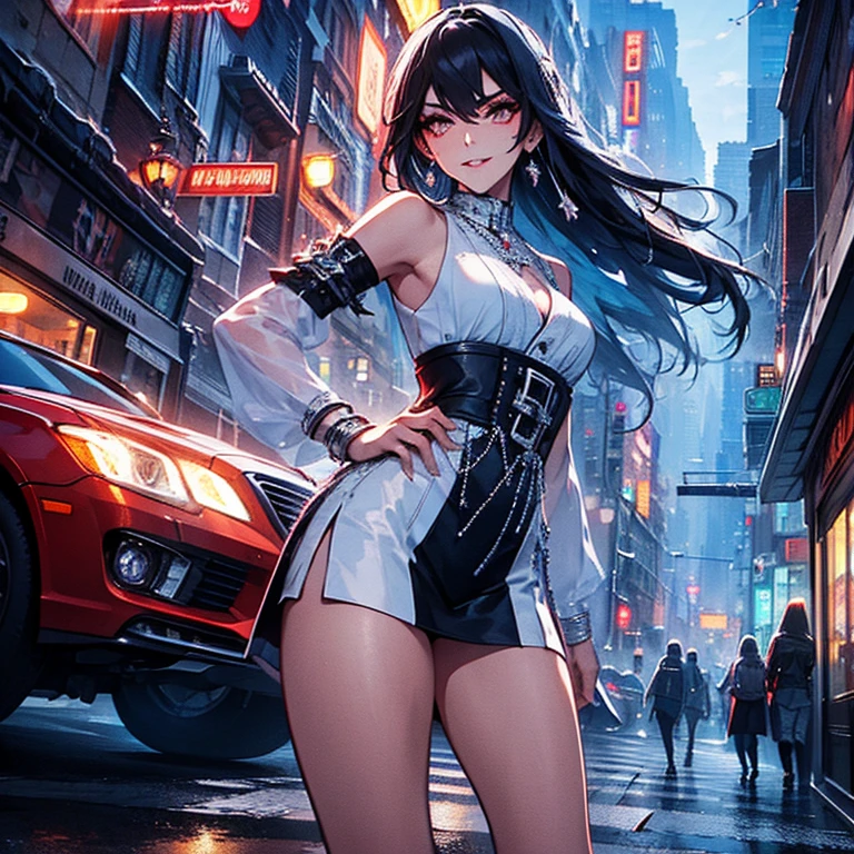 (best quality,4k,8k,highres,masterpiece:1.2),ultra-detailed,(realistic,photorealistic,photo-realistic:1.37),dark ambiance,neon lights,modern cityscape,city lights,reflective surfaces,glossy textures,vibrant colors,sensual girl,confident pose,sexy outfit,classy makeup,city skyline,tall buildings,hustle and bustle,nighttime atmosphere,city streets,pedestrians,urban vibe,alluring gaze,straight hair,perfectly-shaped eyebrows,red lipstick,intense look,high heels,streaming lights,fast-paced movement,energetic atmosphere,car lights,glamorous silhouette,flashing signs,sophisticated style,expressive eyes,luxurious background,sexy walk,exquisite details,urban charm,mysterious allure,chromatic aberration,crowded streets,attractive curves,lit-up signs,shadows and highlights,attention-grabbing presence,posh aura,seductive aura.