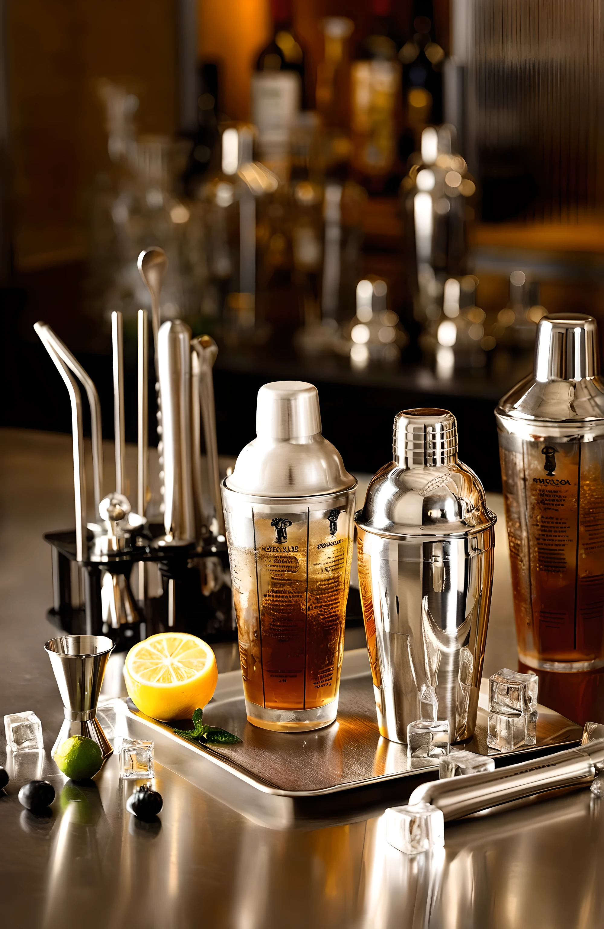 Create a photorealistic image showcasing the gleaming essence of a professional bartender's station in a moment of stillness. The composition centers on a flawless stainless steel counter, its surface polished to a mirror-like finish, reflecting the warm, ambient light of a sophisticated bar interior. The steel's high shine and lustrous texture are free from any blemishes, emphasizing the clean, pristine condition of the work area.
Atop this immaculate surface sits a trio of Boston shakers, their contents a rich amber liquid mingling with ice. The stainless steel of the shakers boasts a similar impeccable sheen, with high gloss that captures and bends the light, contributing to the overall spotless aesthetic.
Arranged with precision on a sleek matte black stand are various bartending tools—barspoons, strainers, and jiggers. Each tool is crafted from stainless steel, displaying a strong, glossy texture that speaks to the station's unblemished and luminous character.
Accents of natural color come from a freshly cut lemon and a small lime, alongside a sprig of mint, evoking a sense of freshness. In the softly blurred background, premium bottles of alcohol are hinted at, their silhouettes and the deep colors of their contents suggesting luxury and quality.
Completing the scene, scattered ice cubes lie on the counter, crystal clear and without a trace of melting or smudging, each one catching the light to sparkle against the backdrop of this immaculate and radiant bartender's haven.