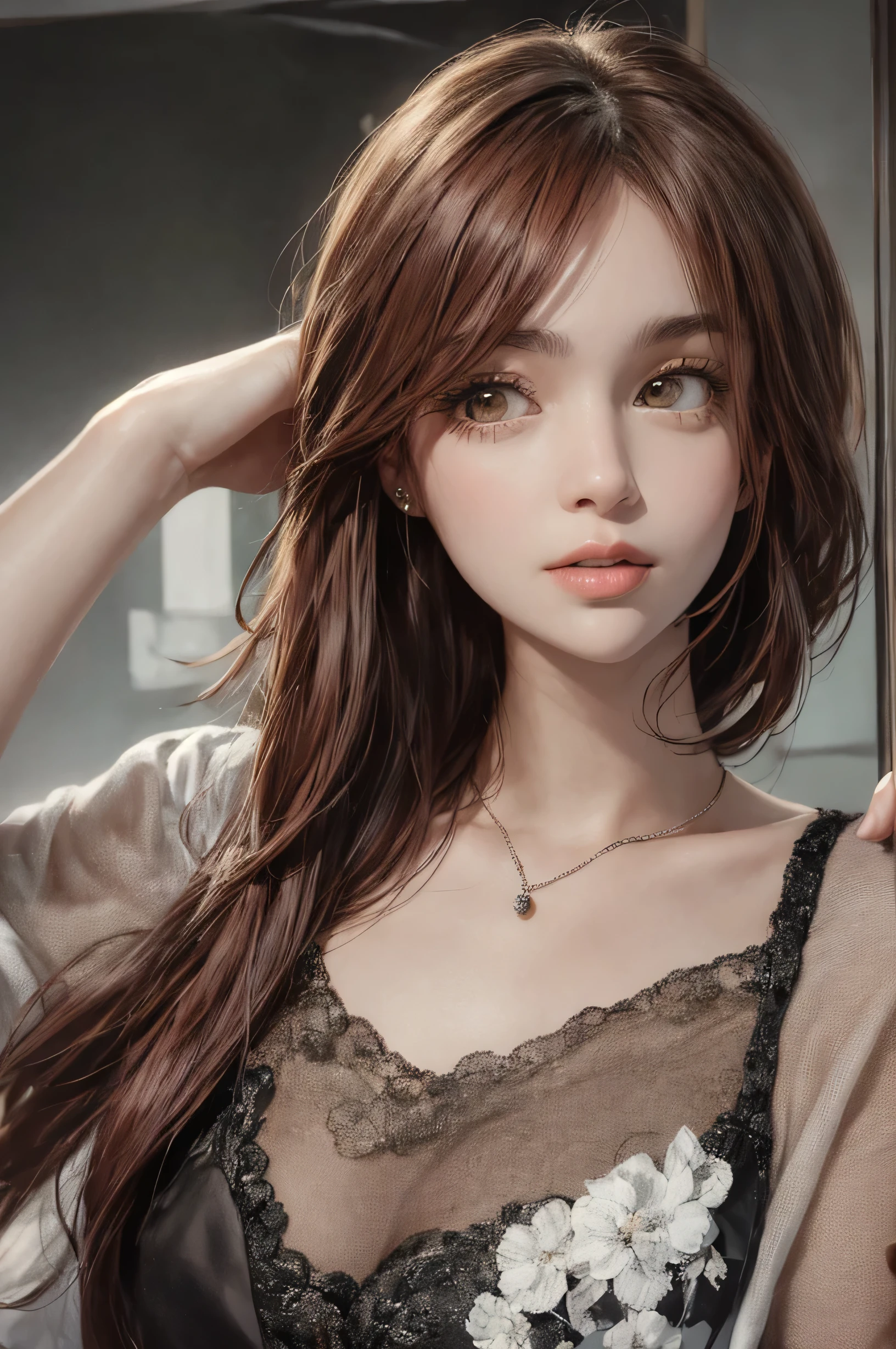 Portrait of a young woman, 22 years old, brunette, light brown hair、short hair、