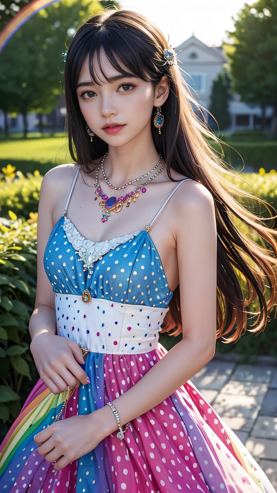 best quality, masterpiece, 1girl, (polka dot dress), (rainbow dress:1.5), hair ornament, necklace, (jewellery:1.8), Beautiful face, small breasts, tyndall effect, photorealistic, rim lighting, two tone lighting, (high detailed skin:1.2), dslr, (spreading light:1.5) soft lighting, high quality, volumetric lighting, candid, in the garden, Photograph, high resolution, 4k, 8k, Bokeh,