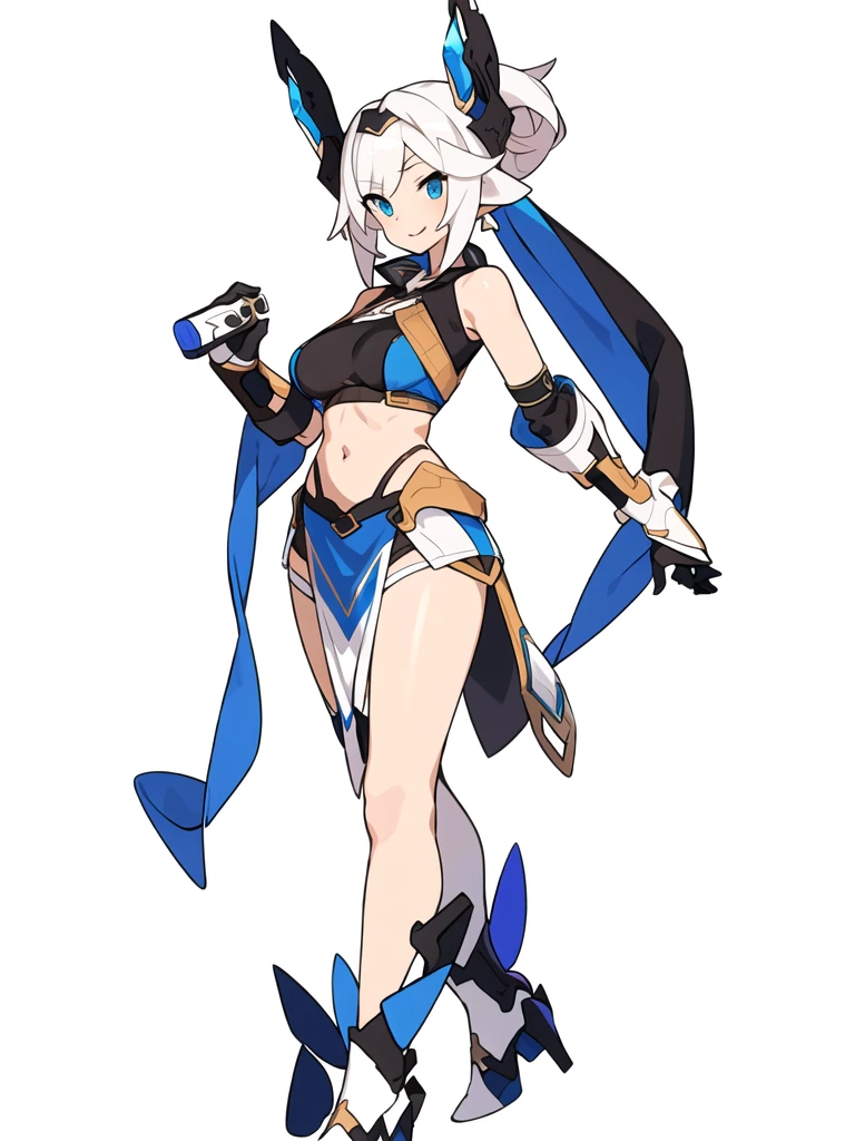 solo, female, crop top, ((( white background))), character focus, fantasy outfit, standing, character design, full body,
