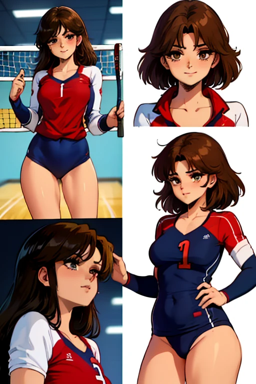 (Anime one, estilo de arte retro, Pinceladas limpias, Muy detallado, perfect anatomy), (cancha de voleibol, Fondo cuadrado), 1 chica (alone:1.5), eyebrows visible through hair, Cabello rojo, red hair, ojos bajos (sanpakugan:1.4), ojos medio abiertos (ojos detallados y hermosos:1.2), (shy smile), session, ropa deportiva, Camisa de voleibol, con gafas rojas