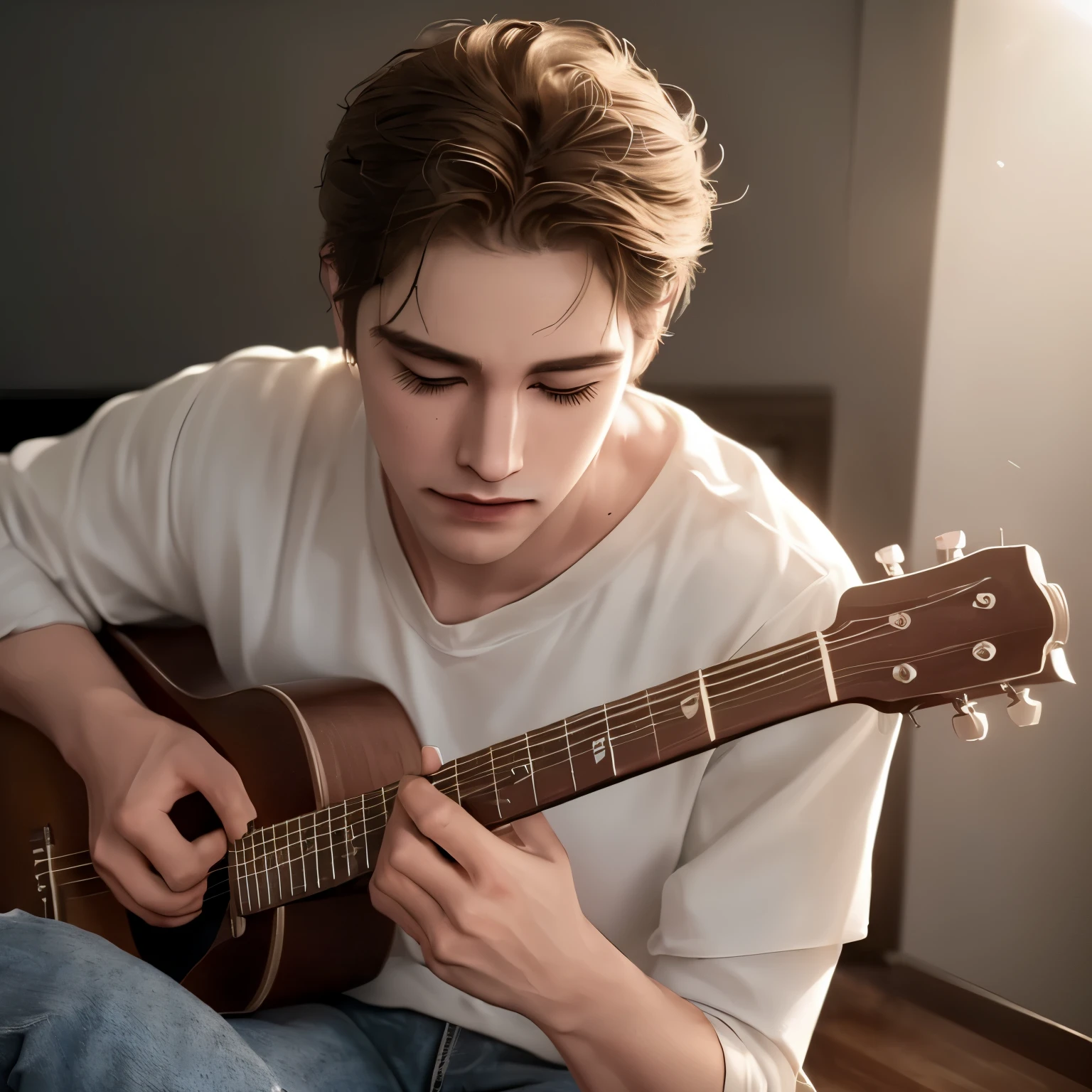 ((Realistic lighting, top-quality, 8K, masterpiece: 1.3), Clear focus: 1.2, One man playing guitar: 1.1, Detailed facial features, Hyperdetailed hands, Tight jeans and t-shirt, (Guitar with strings: 1.1), Lean build, Sweat on the forehead, Intense concentration, mine eyes-shut, (Rosy cheeks), Textured guitar surface, Vibrant strings, Detailed shadows cast on the floor, Bright room with warm ambiance, (Mid shot)

((Man with guitar)), ((Playing music)), ((Realistic lighting: 1.3)), ((