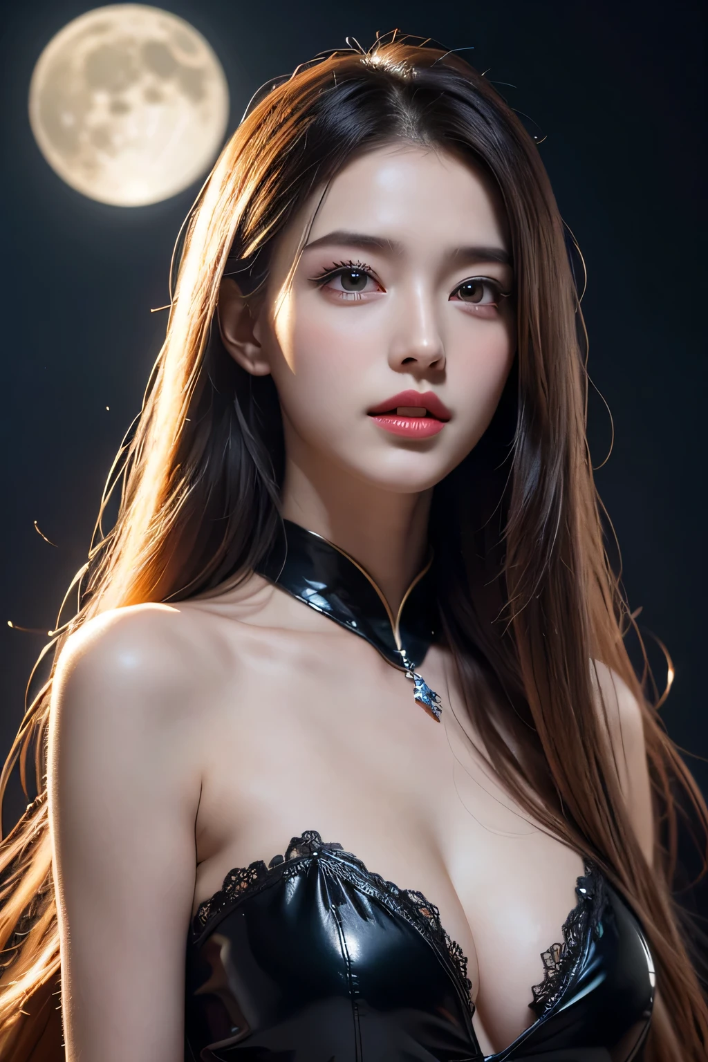 High-quality work,Realistic works,Super premium graphics,8K HD CG works,high quality graphics,High-definition and exquisite CG works,10x pixels,Ultra-fine details:1.1,Advanced technical details:1.1Realistic photo effects,Interior lighting effects:1.5,natural soft light:1.5. Light effect(Virtual light effects:1.8),ultra high resolution,shining dress,sliver long hair,silber hair,transparenthair,high detailed hair(Quality hair details:1.1)Clear eyes,Double eyelids look good,Sharp eye makeup, Create exquisite eyelash makeup, tthin eyebrows, Ultra-detailed eyes,a tall nose, lovely red lips, rosey cheeks, With delicate makeup on her face , pretty face, The face shape is perfectly proportioned,(Advanced facial details:1.1)Female vampire in sexy leather armor,sharp teeth,(Vampire skin is super fair and smooth)、(In the background is a classical western castle,Stone castle,High bell tower,Square high-rise clock tower,large moon,moon full,Enshrouded by cloudoon stars are rare,)A pair of pitch-black wings on the back spread out,the bats,Soft and cold,((Vampire teeth are surprisingly white,Showing fangs,licking own lips)),Image of Araved posing for a photo,The eyes burn like a scorching flame,It emits a terrible red light。Around his body,It is full of mysterious and deadly energy。 the sailor moon. Beautiful, Anime goddess, Anime girl in real life,Anime cosplay, Scholar, Anime figure; Full-body art, seductive anime girls,(((Kojima Bunmi style))),Women's artwork,Dress full body video,Realism,Amazing Cleavage,My eyes are very bright today