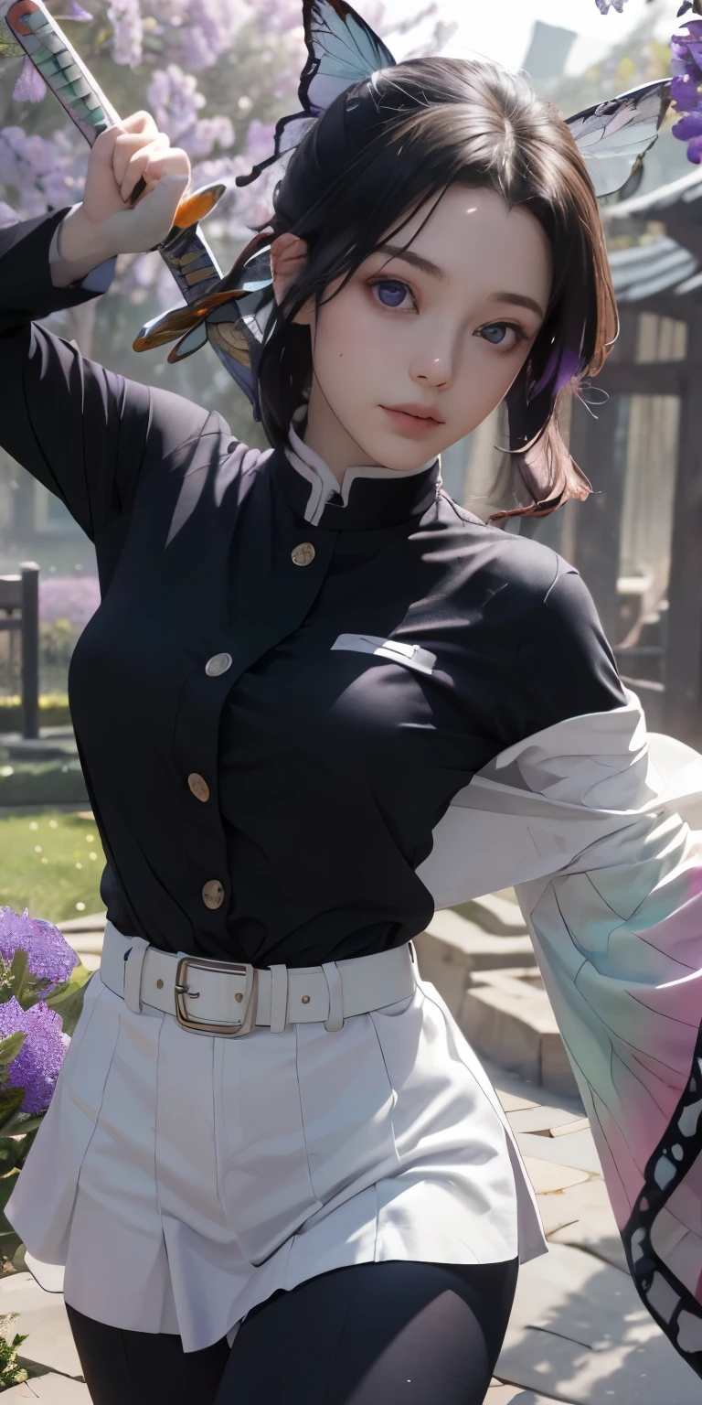 Ultra-realistic 8k CG,white panties:1,4、 masterpiece,(mini skirt生脚white panties:1.4) ,spread legs,show white panties,mini skirt、front、, (weapon in hand: 1.2), (attack: 1.2), beauty, goddess, (生脚white panties:1.3),frontから, face sticking out, (super detailed background, delicate pattern, intricate details)), high quality, highly detailed face, (超mini skirtから見えるwhite panties生脚:1.4)、highly detailed eyes and face, highly detailed eyes, kocho shinobi, colorful hair, No bangs, hair intake, purple eyes, amount, black shirt, black pants (Haori, butterfly, button, belt, (garden: 1.2), purple flowers, Chibi, cloudy null, sunlight, Tyndall effect, exy、Slope_null, face, gorgeous null, Sword at the waist,Ultra-realistic 8k CG, masterpiece,(mini skirt:1.4) close, (weapon in hand: 1.2), (attack: 1.2), beauty, goddess, frontから, face sticking out, (super detailed background, delicate pattern, intricate details)), high quality, highly detailed face, highly detailed eyes and face, highly detailed eyes, kocho shinobi, colorful hair, No bangs, hair intake, purple eyes, amount, black shirt, black pants (Haori, butterfly, button, belt, (garden: 1.2), purple flowers, Chibi, cloudy null, sunlight, Tyndall effect, Slope_null, face, gorgeous null, Sword at the waist,