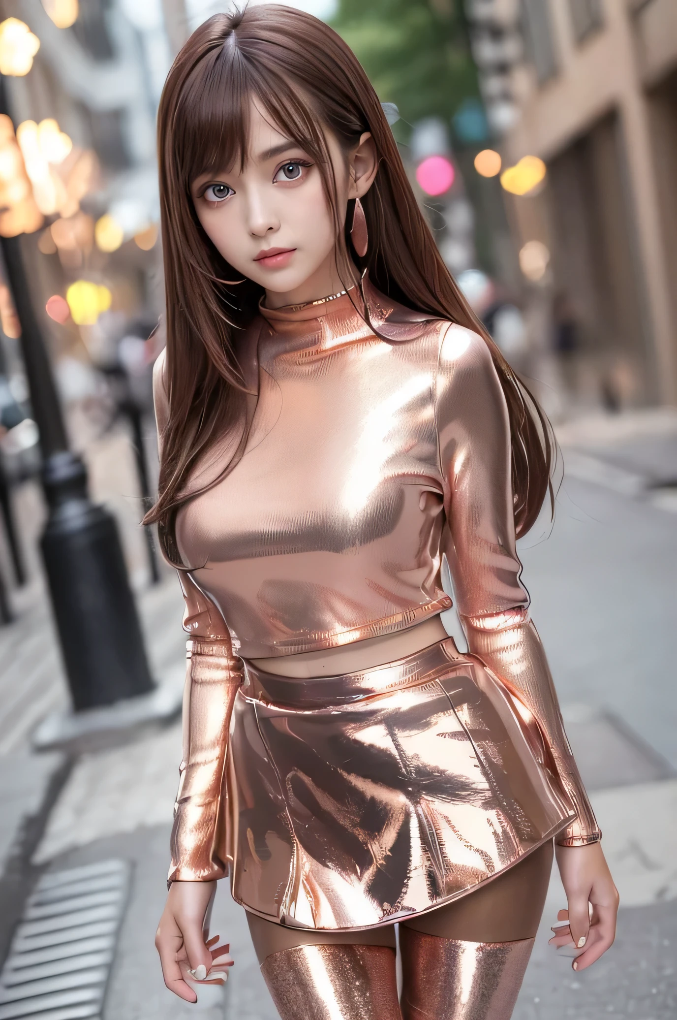 Angelic Very beautiful cute girl,,
Beautiful detailed eyes,
Detailed double eyelids,
(Large eyes:1.4),
Long straight brown hair,
see-through bangs,
Sharp Focus,small straight nose,
beautiful detailed face and eyes,
drooping eyes,
(Soft Saturation: 1.3), (Fair skin: 1.2),BREAK (Super Shiny metallic rose gold tight mini skirt:1.5),
( Super shiny Metallic rose gold fashionable long sleeves tops:1.3) , (Super shiny pantyhose:1.4) ,(costume with strong refrective surfaces:1.5), Walking,
Costume lighting,
In the street ,
(Brown hair:1.3)
