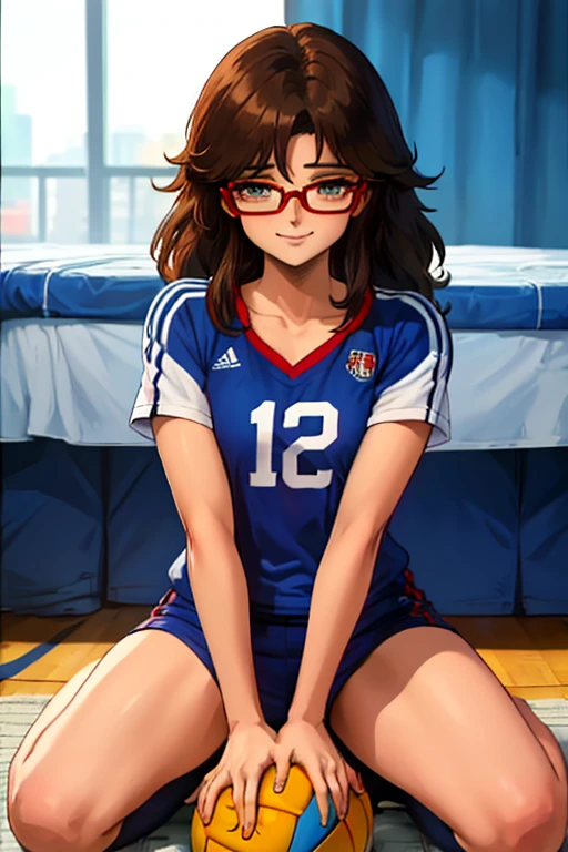 (Anime one, estilo de arte retro, Pinceladas limpias, Muy detallado, perfect anatomy), (cancha de voleibol, Fondo cuadrado), 1 chica (alone:1.5), eyebrows visible through hair, Cabello rojo, red hair, ojos bajos (sanpakugan:1.4), ojos medio abiertos (ojos detallados y hermosos:1.2), (shy smile), session, ropa deportiva, Camisa de voleibol, con gafas rojas