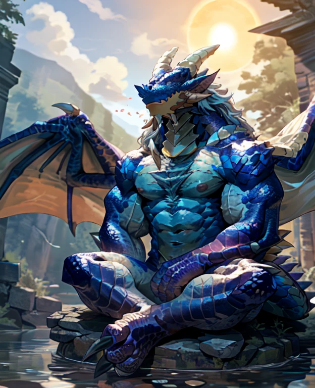 dragon,alone,paw,teeth,crawler,chest muscles, peak, teeth成人,alone,dragon tail,sit down,meditate,4K,best quality,HD,whole body,paw,naked,looking at the audience,chest muscles, pink nipples, Six-pack abs,biceps,pride,soft shadow,majestic,Detailed face,HD eyes,keen vision,fine eyes,eyes sparkling,Gorgeous,brave,confident smile,Strong,Mature,wilderness,ruins,river,Blue sky and white clouds,The sun shines，With wings，With wings