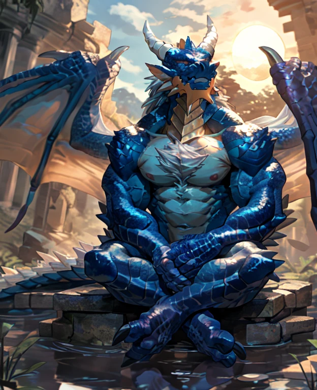 dragon,alone,paw,teeth,crawler,chest muscles, peak, teeth成人,alone,dragon tail,sit down,meditate,4K,best quality,HD,whole body,paw,naked,looking at the audience,chest muscles, pink nipples, Six-pack abs,biceps,pride,soft shadow,majestic,Detailed face,HD eyes,keen vision,fine eyes,eyes sparkling,Gorgeous,brave,confident smile,Strong,Mature,wilderness,ruins,river,Blue sky and white clouds,The sun shines，With wings，With wings