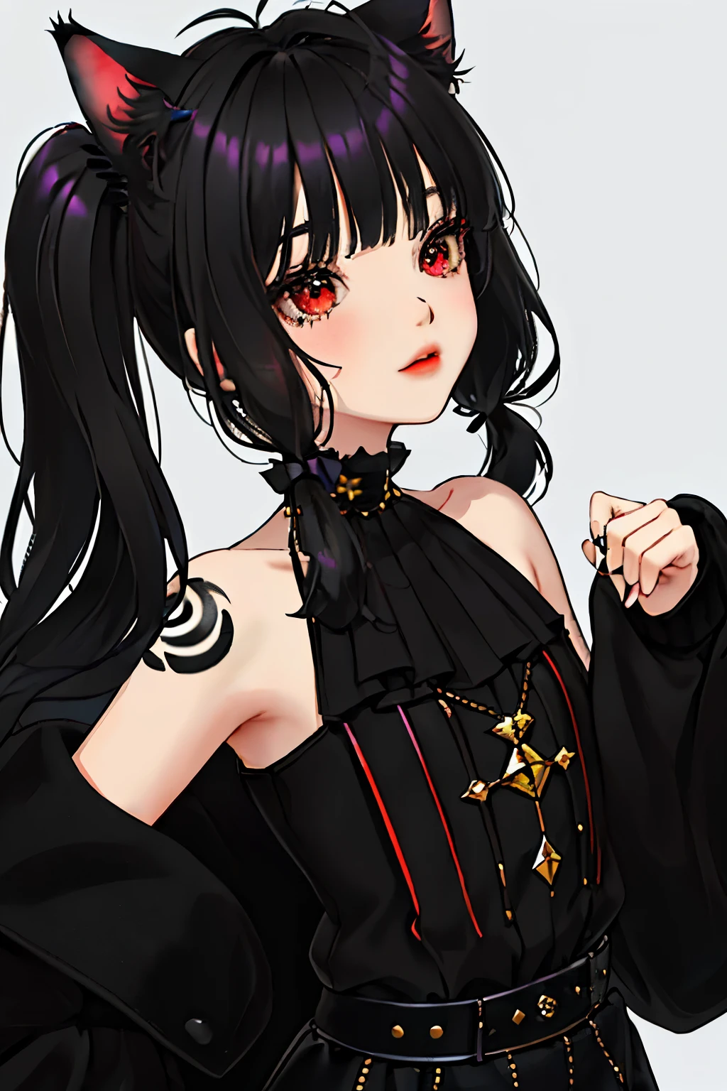 chica kpop con cara sonriente de rizz, impresionante, negro, tatuajes en manos y cuello, drilling, negro mixed green striped sweater, pose genial y ruda, fondo de humo, colorful fondo de humo,((long hair slightly wavy slightly past the shoulders, black bangs, small black pigtails on the sides, cute cat ears, beautiful thin red eyes,)),
