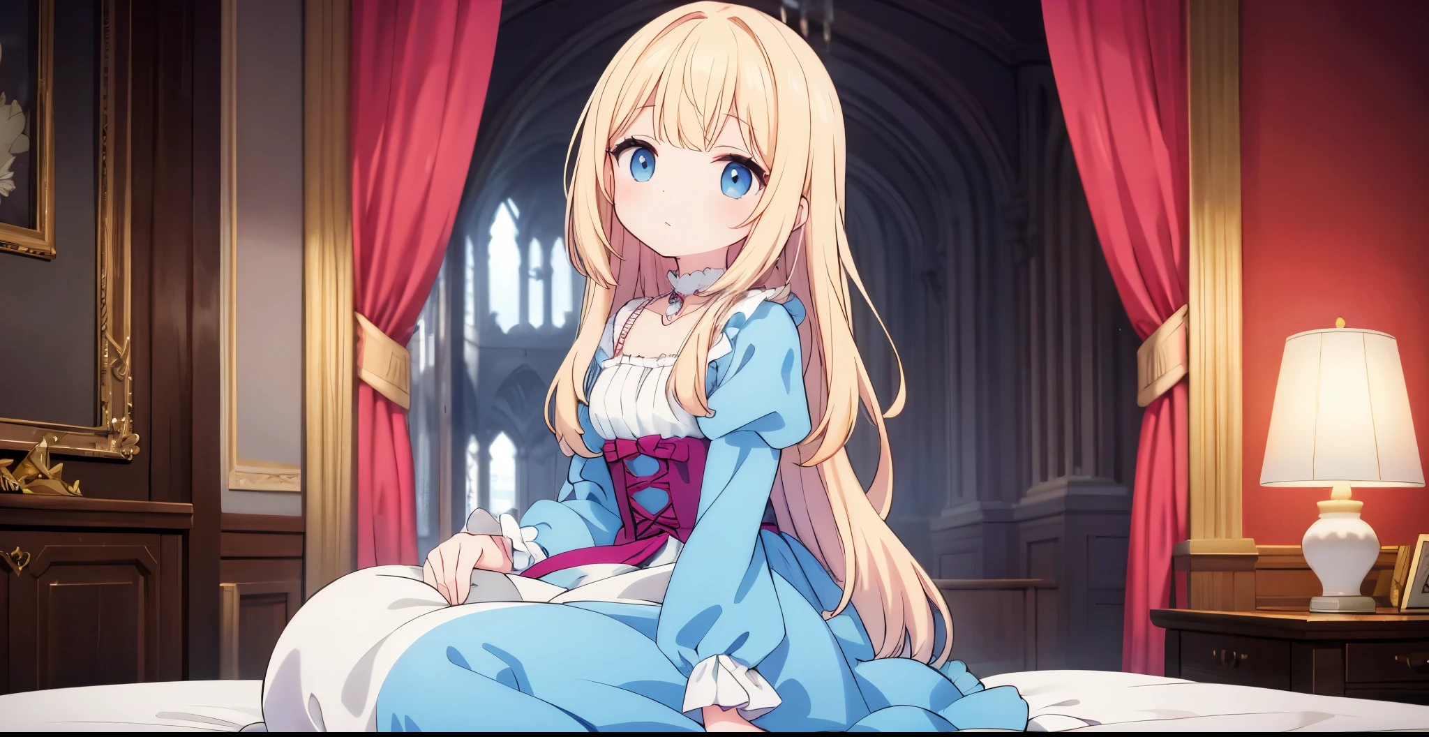 It is important to note that this is a contemporary anime illustration style.10-year-old princess、ta style hot pink dress with white ruffled yoke collar and full length ball gown dress with hoop skirt、Long sleeves with puff sleeves、Soft and smooth fabric、long blonde hair that grows to the waist、blue eyes、white skin、Sit on a luxurious canopy bed in pink silk satin、Inside the palace bedroom,Modern Animation Contemporary Animated Illustration Contemporary cartoon illustration style is important to note that it is in the style of a modern cartoon illustration!