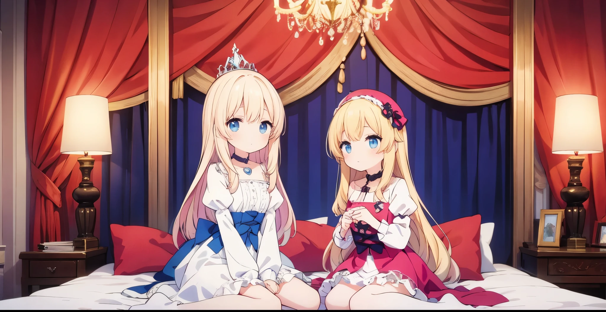 It is important to note that this is a contemporary anime illustration style.10-year-old princess、Lolita style hot pink dress with white ruffled yoke collar and full length ball gown dress with hoop skirt、Long sleeves with puff sleeves、Soft and smooth fabric、long blonde hair that grows to the waist、blue eyes、white skin、Sit on a luxurious canopy bed in pink silk satin、Inside the palace bedroom,Modern Animation Contemporary Animated Illustration Contemporary cartoon illustration style is important to note that it is in the style of a modern cartoon illustration!