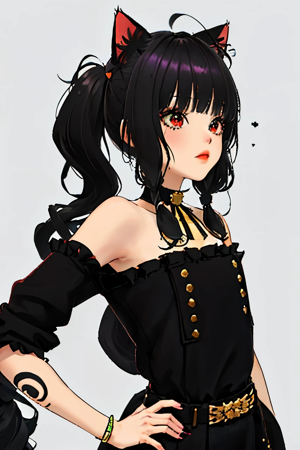chica kpop con cara sonriente de rizz, impresionante, negro, tatuajes en manos y cuello, drilling, negro mixed green striped sweater, pose genial y ruda, ((fondo de humo, colorful fondo de humo)),((long hair slightly wavy slightly past the shoulders, black bangs, small black pigtails on the sides, cute cat ears, beautiful thin red eyes,)),