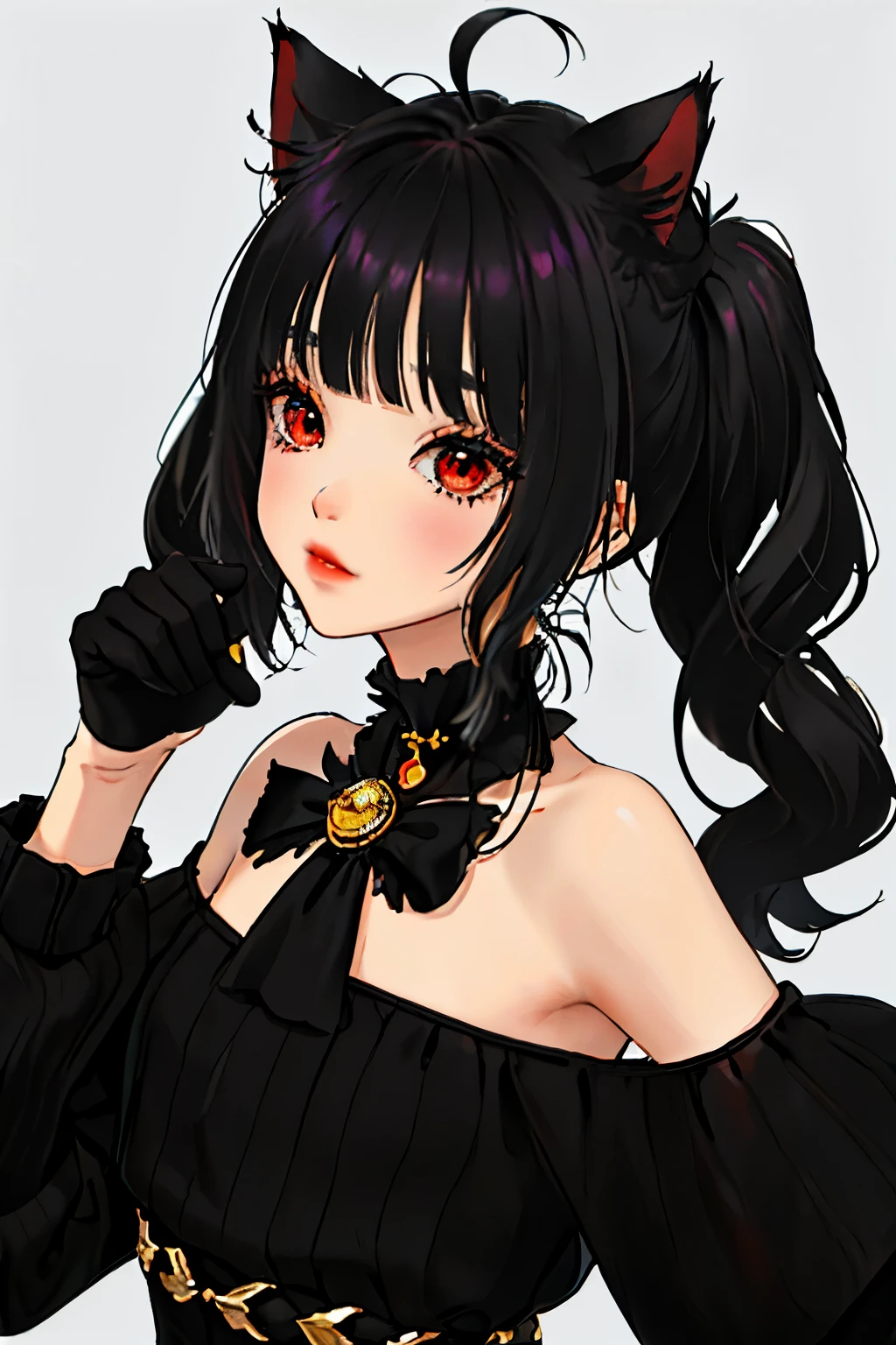 chica kpop con cara sonriente de rizz, impresionante, negro, tatuajes en manos y cuello, drilling, negro mixed green striped sweater, pose genial y ruda, ((fondo de humo, colorful fondo de humo)),((long hair slightly wavy slightly past the shoulders, black bangs, small black pigtails on the sides, cute cat ears, beautiful thin red eyes,)),