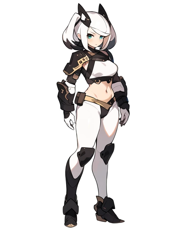 solo, female, crop top, ((( white background))), character focus, fantasy outfit, standing, character design, full body,
