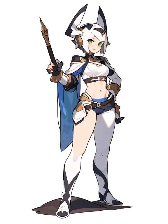 solo, female, crop top, ((( white background))), character focus, fantasy outfit, standing, character design, full body,
