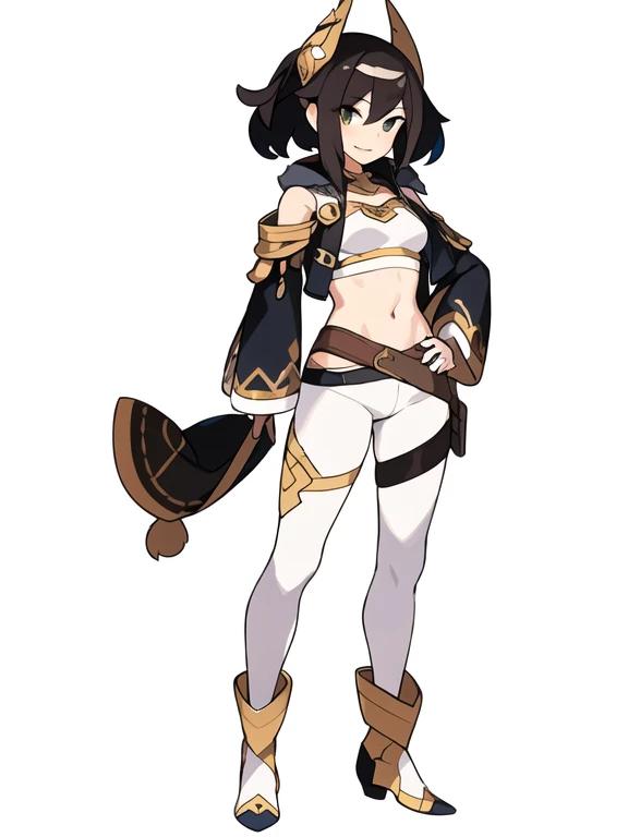 solo, female, crop top, ((( white background))), character focus, fantasy outfit, standing, character design, full body,
