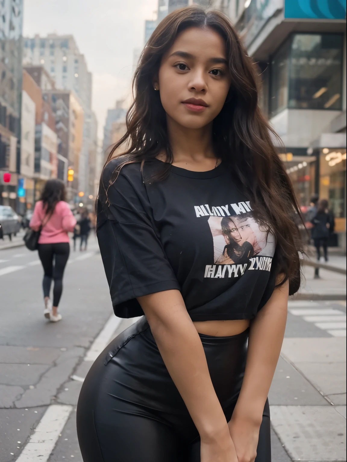 african girl, black ethnicity, wearing leggings and shirt spot outfit , wavy hair, , thick girl, sexy photo, in the New York night,