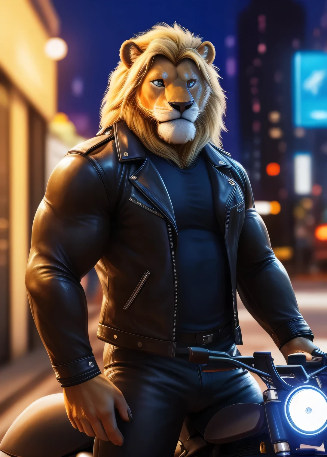 (best quality,4k,highres,masterpiece:1.2), ultra-detailed, realistic:1.37, HDR, studio lighting, extreme detail description, professional, vivid colors, bokeh, lion, male, long blond mane, brown beard along the jaw, beautiful eyes, detailed eyes, very muscular body, pecs, biceps, broad shoulders, biker clothing, open jacket, tight pants, on motorcycle, street, looking at the viewer.