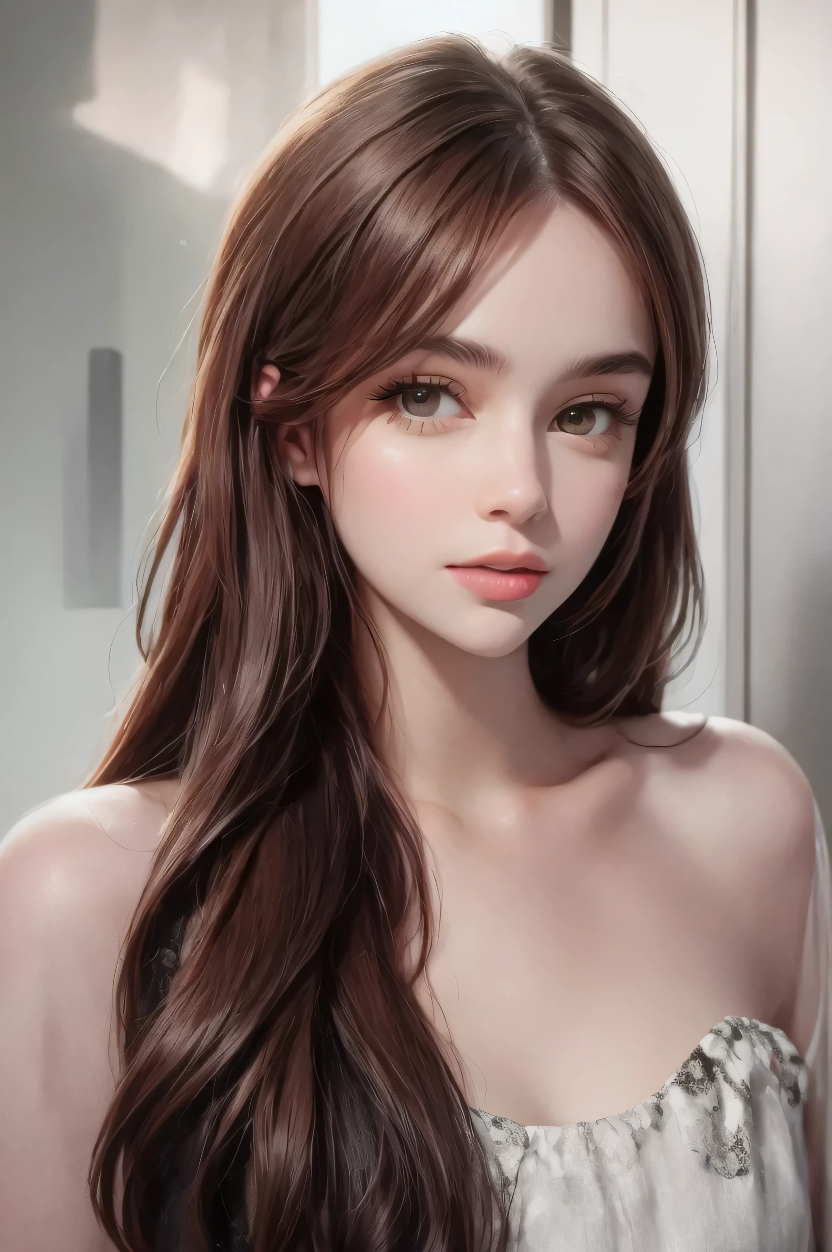 Portrait of a young woman, 22 years old, brunette, light brown hair、