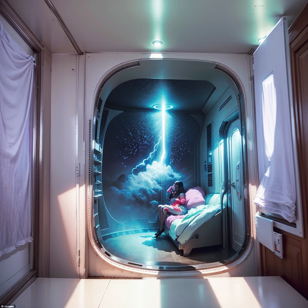 A bedroom on the 50s starship enterprise, a gorgeous ambassador in a sheer colorful dress looks out a huge window at her world below