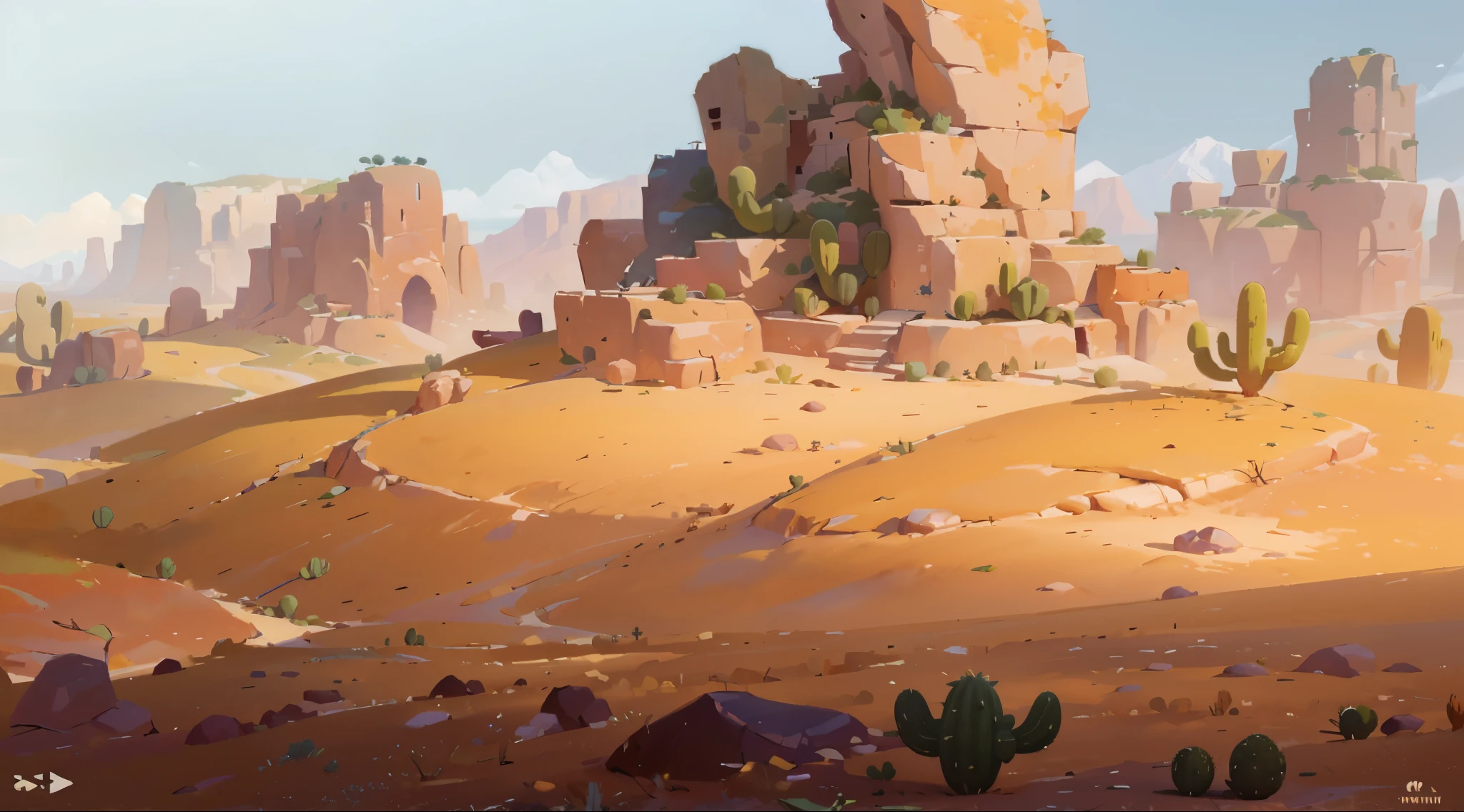 there is a painting of a desert with cactus trees and rocks, background art, stylized concept art, painted as a game concept art, digital painting concept art, background artwork, desert environment, painterly concept art, oil paint concept art, environment painting, concept art style, 8k high quality detailed art, environment concept art, environment and concept art