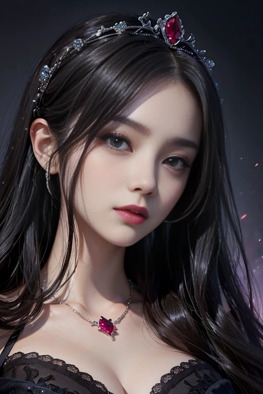 highest quality、masterpiece、8K、Award-winning work、hyper realism、Vampire Princess、恐ろしいVampire Princess、Natural forehead、Spooky、white skin、evil makeup、close up of face、close-up photo of face、Photographing faces with beautiful composition、the most detailed and beautiful face、a merciless look、look at me、long eyelashes、Spookyメイク1.1、black lips、eye shadow、艶のあるblack lips、Finest super high detail skin、The most detailed eyes、(The most luxurious and highest quality giant tiara、The most luxurious and highest quality giant necklace、The most luxurious giant ruby、The most luxurious jewelry decoration、black most luxurious finest princess dress)、cleavage、pitch black background、dim、Beautiful long wavy hair