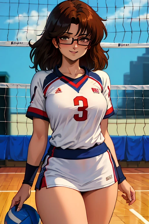 (Anime one, estilo de arte retro, Pinceladas limpias, Muy detallado, perfect anatomy), (cancha de voleibol, Fondo cuadrado), 1 chica (alone:1.5), eyebrows visible through hair, Cabello rojo, red hair, ojos bajos (sanpakugan:1.4), ojos medio abiertos (ojos detallados y hermosos:1.2), (shy smile), session, ropa deportiva, Camisa de voleibol, con gafas rojas