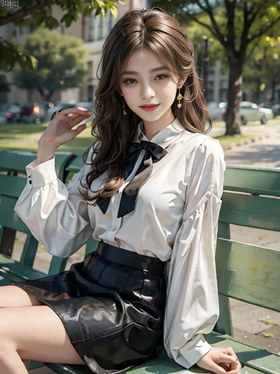((whole body)), ((from below)), ((sitting on a park bench)), ((realistic)), 1 girl, looking at viewer, detailed scene, Curly hair, air bang, beautiful hair accessories, brownish yellow hair, ((white colored blouse, short black tight skirt, neck bow tie, high heel)), (Campus Style), warm lighting, warm color palette, More details, very detailed, (masterpiece, best quality), (Very detailed and beautiful work), delicate earrings, delicate necklace, simple blurred background, extreme detail description, Ultra-fine painting, delicate face, slim body, (smile, tooth exposure), (anatomy correct)