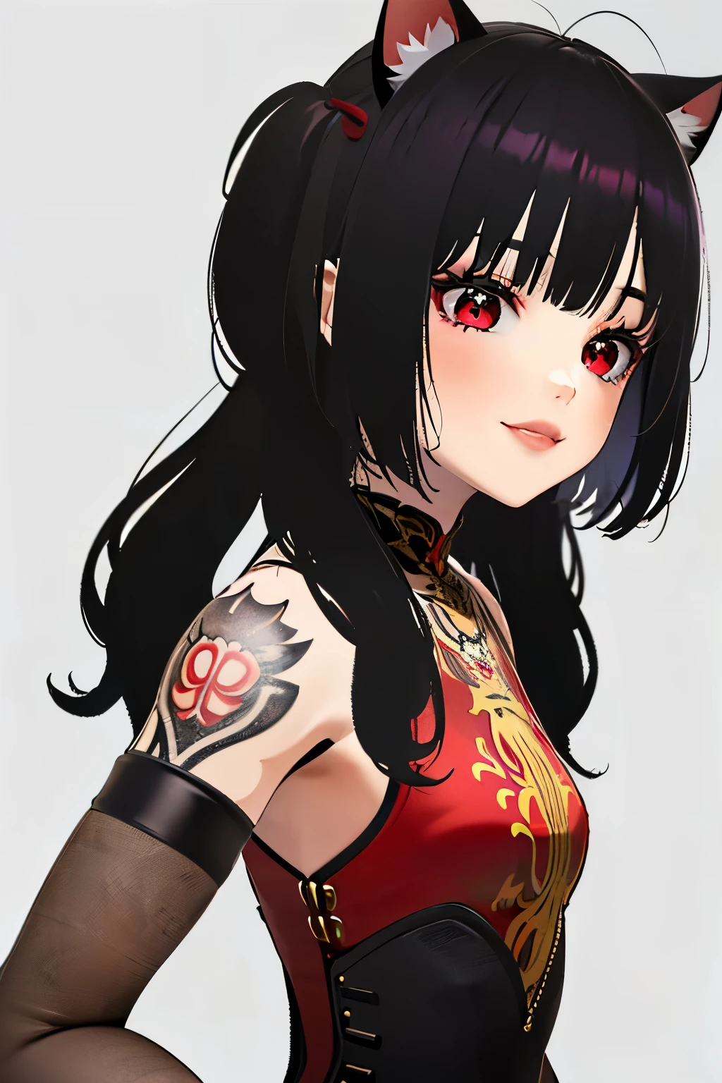 (obra maestra, Mejor calidad, una foto de una mujer hermosa, chica tatuada, cuerpo completo, cielo nocturno, Flaco, pechos grandes, PELO NEGRO, red eyes, sonrisa),((long hair slightly wavy slightly past the shoulders, black bangs, small black pigtails on the sides, cute cat ears, beautiful thin red eyes,)),