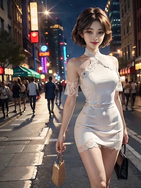 8 thousand, masterpiece, RAW photos, best quality, realistic, extremely detailed CG unity 8 thousand wallpaper, depth of field, cinematic light, lens flare, ray tracing, (an exceptionally beautiful face, beautiful lips, beautiful eyes), A face with intricate details, ((highly detailed skin)) 1 woman, in the dark, deep shadows, pretty asian girl, 1 girl, (very slim slender fit-muscled body:1.3), ((looking at viewer)),(big smile:1.3), clear eyes, walking , Frontal shots, (pale skin), (big eyes), heading forward, (brown hair), ((lace dress)), (looking at viewer:1.3) very slim, medium chest, tight dress, (Ultra Mini Dress), short skirt, (night), glimmering, cityscape, blurred background, street, building, tree, (high heel), full body shot, (open chest), short sleeve, Short hair, see through