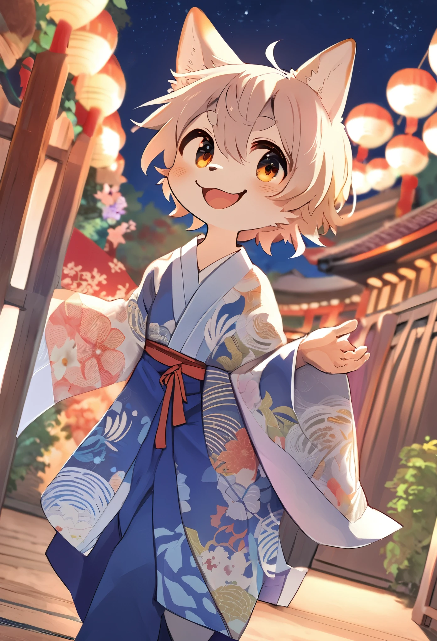 (epic, dynamic angle)top quality, best quality, High-quality illustrations, masterpiece,  japanese festival, Stalls, night, festival music, happi coat, yukata(kemono, super handsome 1boy, solo focus)(furry anthro)(highly detailed beautiful face and eyes)absurdres, perfect anatomy, smile, happy, happy, dynamic pose,