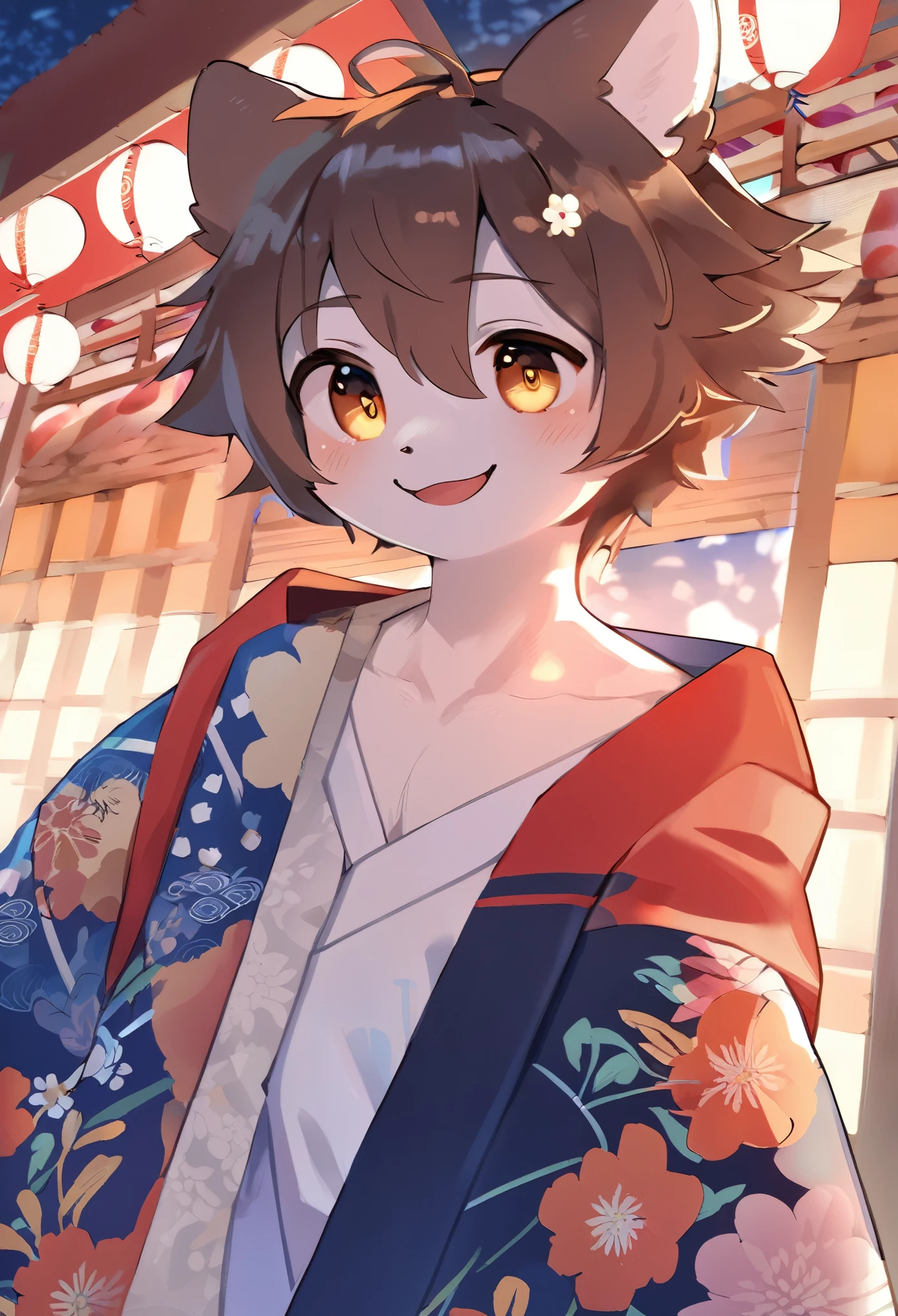 (epic, dynamic angle)top quality, best quality, High-quality illustrations, masterpiece, japanese festival, Stalls, night, festival music, happi coat, yukata(kemono, super handsome 1boy, solo focus)(furry anthro)(highly detailed beautiful face and eyes)absurdres, perfect anatomy, smile, happy, happy, dynamic pose,