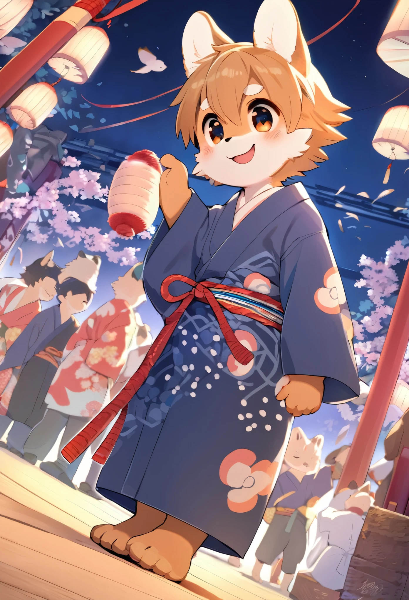 (epic, dynamic angle)top quality, best quality, High-quality illustrations, masterpiece, japanese festival, Stalls, night, festival music, happi coat, yukata(kemono, super handsome 1boy, solo focus)(furry anthro)(highly detailed beautiful face and eyes)absurdres, perfect anatomy, smile, happy, happy, dynamic pose,