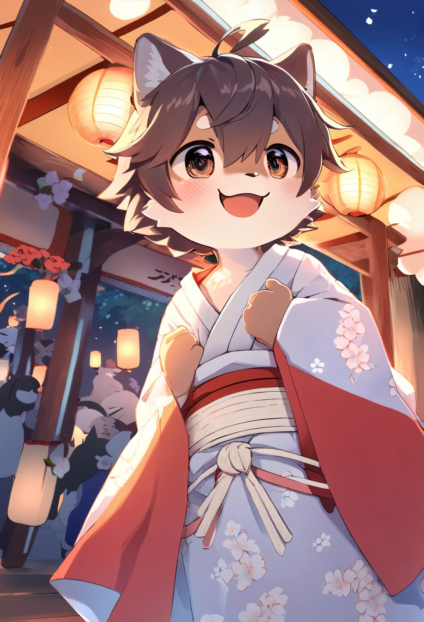 (epic, dynamic angle)top quality, best quality, High-quality illustrations, masterpiece, japanese festival, Stalls, night, festival music, happi coat, yukata(kemono, super handsome 1boy, solo focus)(furry anthro)(highly detailed beautiful face and eyes)absurdres, perfect anatomy, smile, happy, happy, dynamic pose,