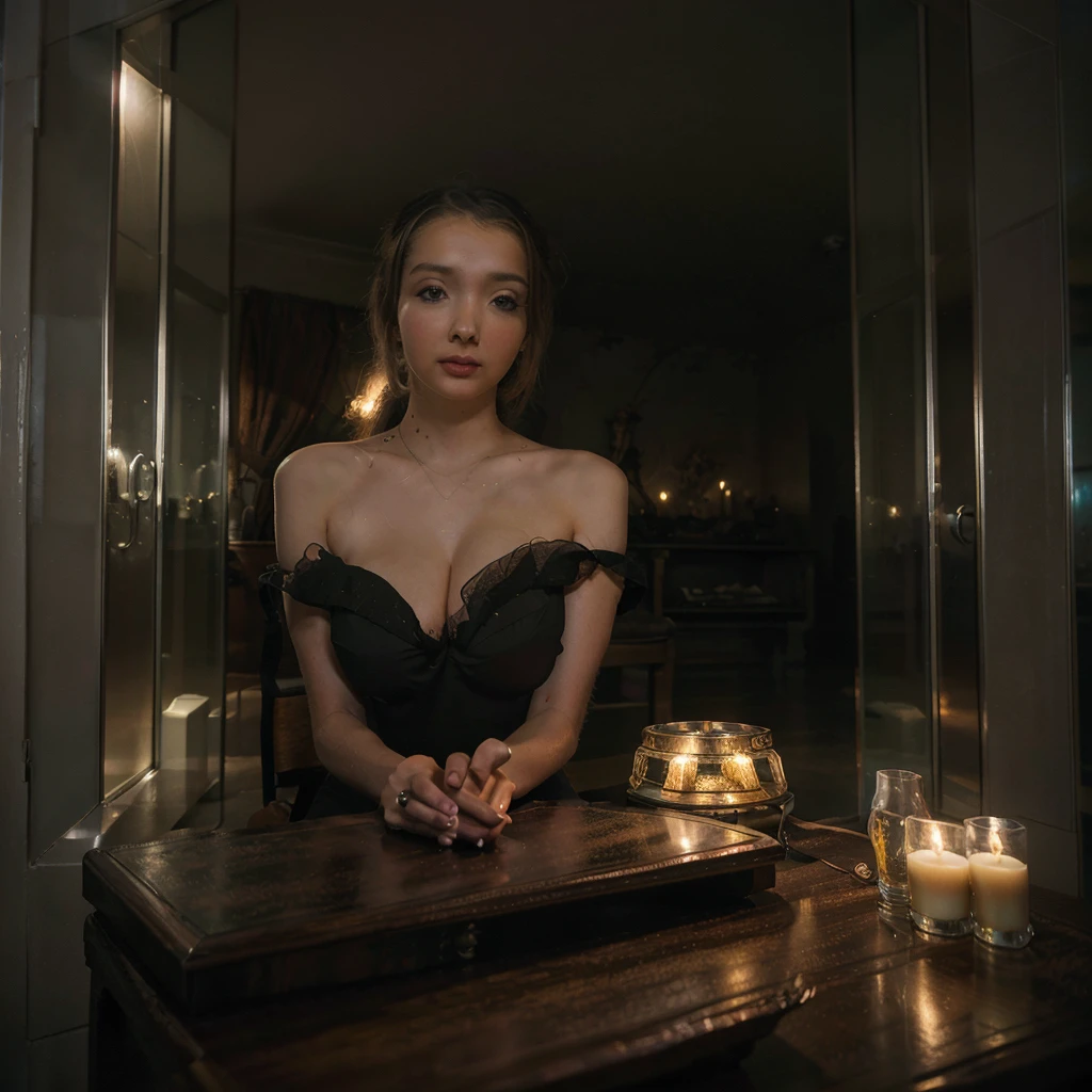 Camilla Belle crouching outside a house window at night ((naked)), ((choker)), full body shot, shy, (face blushing), worried