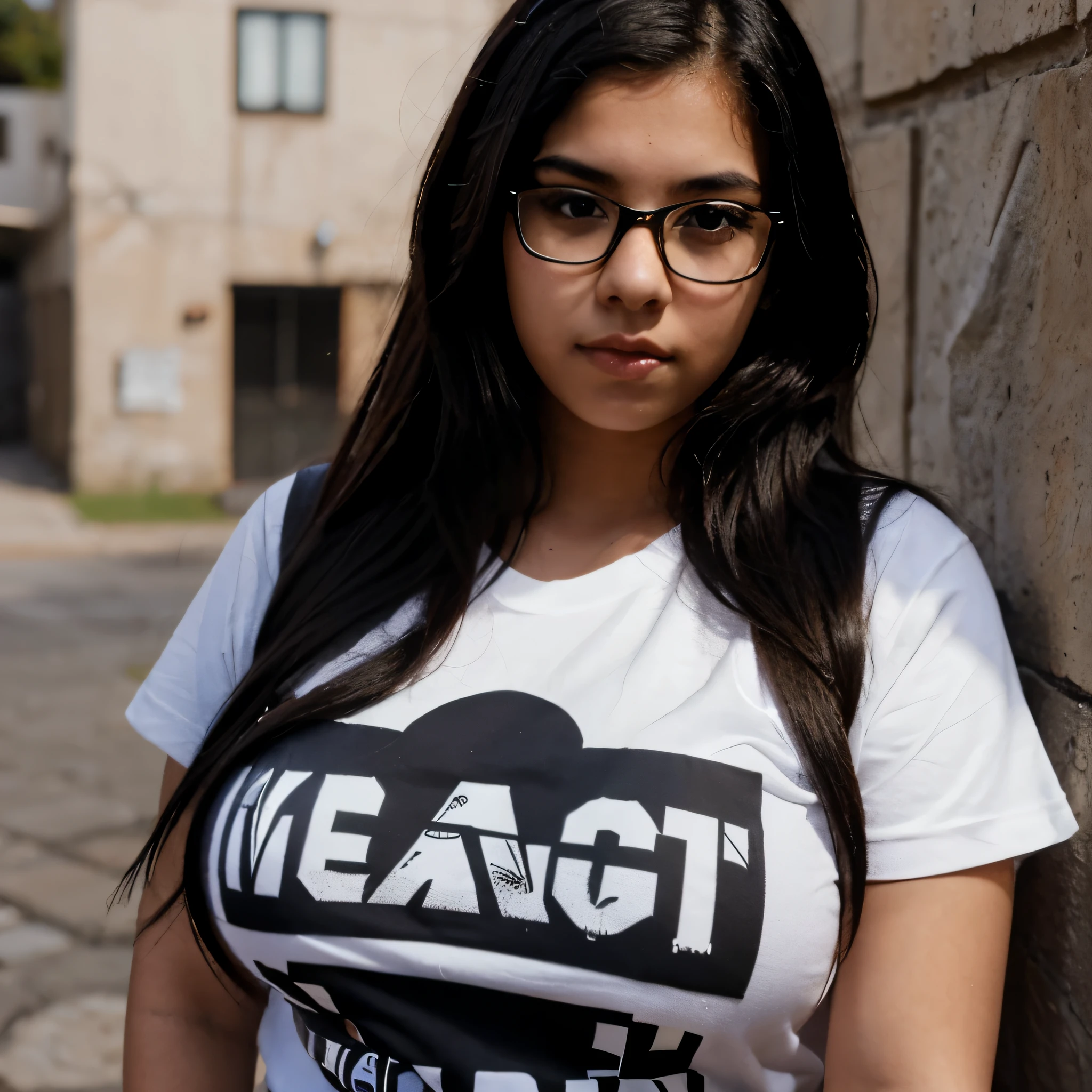 Nerdy Emo mexican with voluptuous breasts wearing a t-shirt