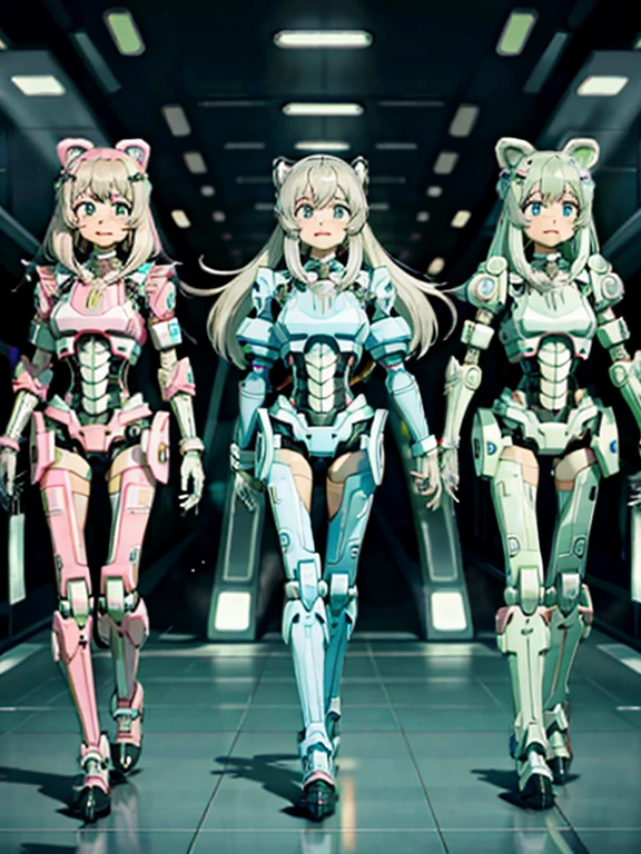 detailed background, 
highest quality,
 Three beautiful female robots in their twenties,
 full body shot,
 all facing forward,
 Everyone is showing off their bodies,
 Everyone is embarrassed,
 All perfect, cute and beautiful human female faces,
 Everyone except their faces are machines.,
 All internal skeletons exposed,
 Everyone has cute hairstyles,
 All have huge chests,
 smile,
 Each has a different internal skeleton,
 Everyone&#39;s internal skeleton is clearly visible,
 All have floral and pastel colored internal skeletons,
 All of them are wearing roller skates from their ankles down.,
 All the members added accents with headsets and headbands.